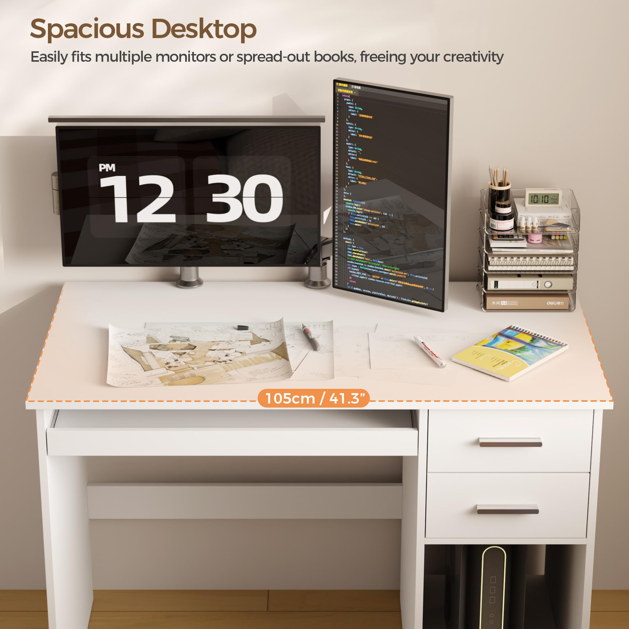 Mondeer Schreibtisch mit 2 Schubladen, 105 x 48 cm Computertisch mit Tastaturauszug, Bürotisch Moderner für Büro Heimbüro Arbeitszimmer Schlafzimmer, Weiß