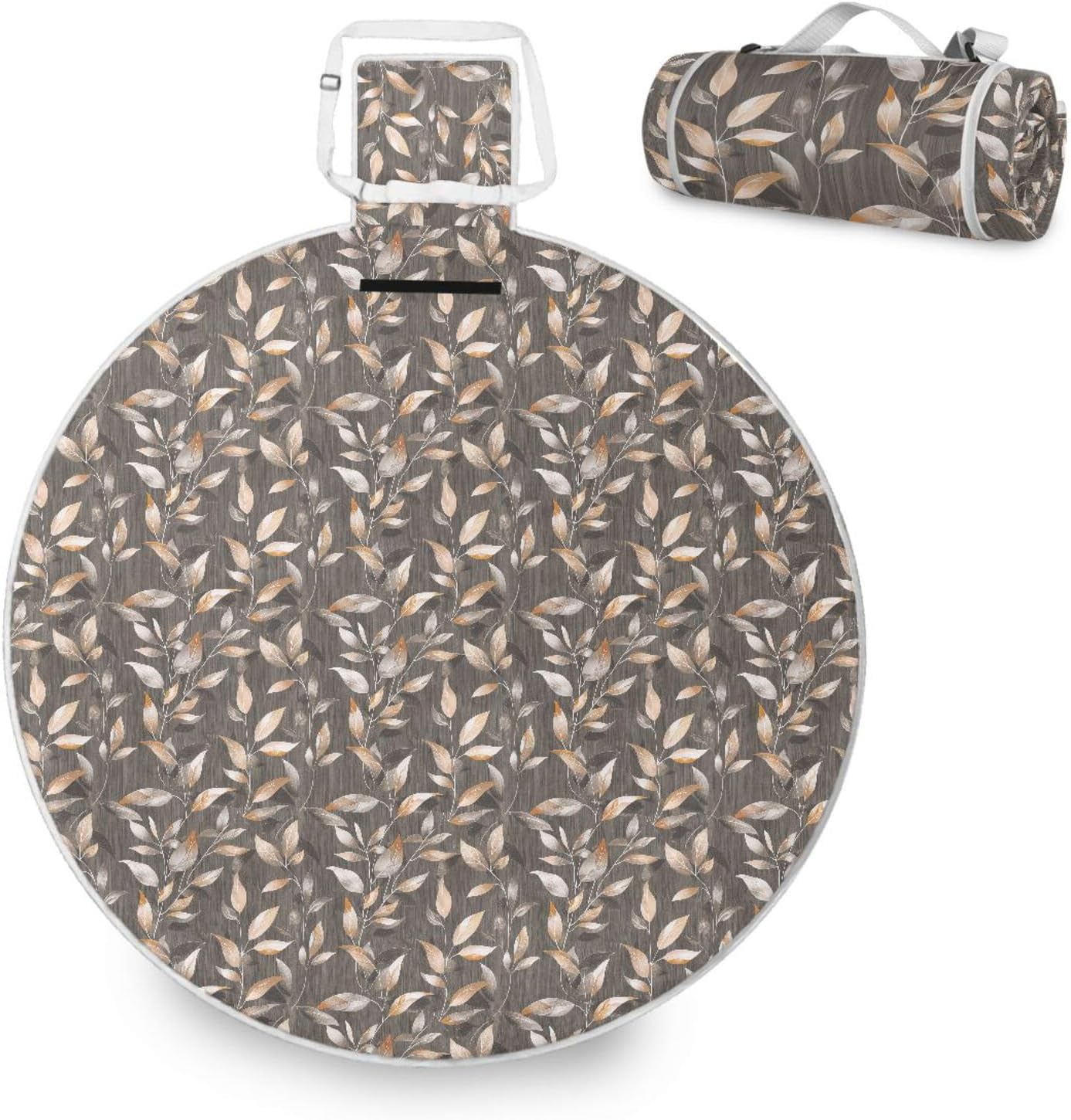 Round Outdoor Blanket for Grass - Fits 2 Adults, Summer Accessories Large Waterproof Blanket for Beach Mat or Family Outdoor Camping Party 58 in (Flax Gray Brown)