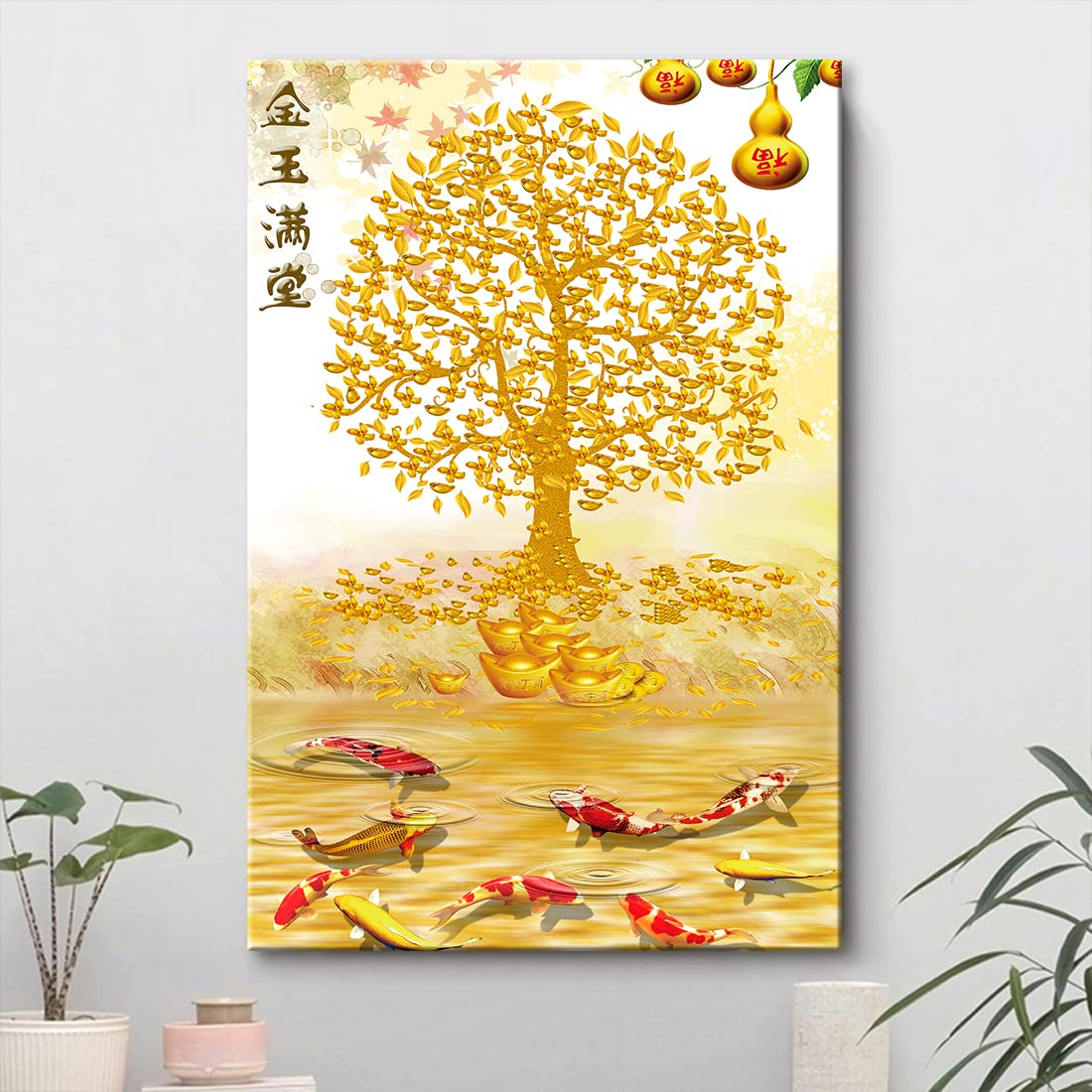 Amazon.co.jp: 黄金の幸運の木アートパネル 金のなる木壁掛け 絵画