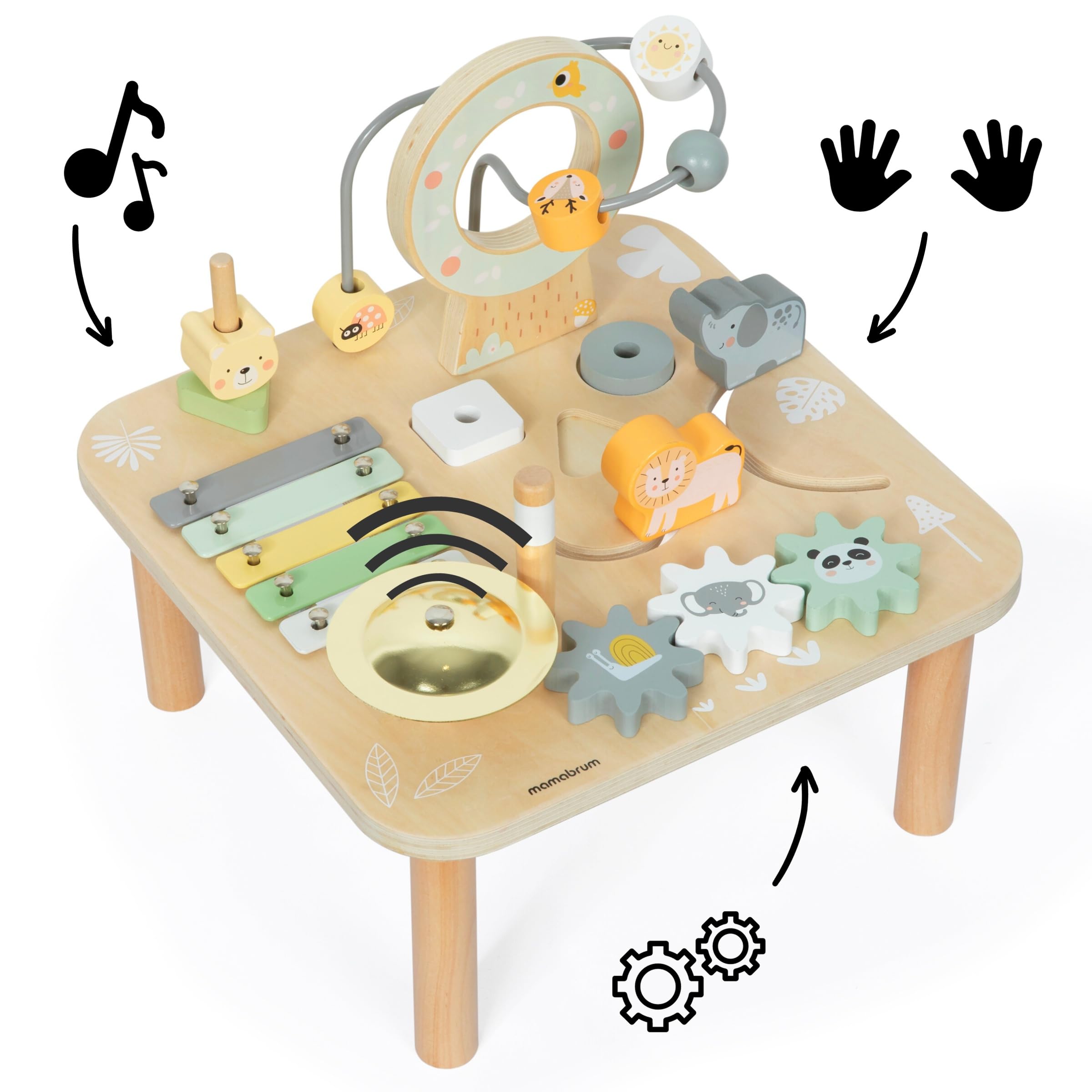 Mamabrum Tavolino Educativo in Legno per Bambini - Giocattolo Musicale 7 in 1 con Pipistrelli e Gong, Percorso Motorio, Puzzle Sensoriale a Tema Giungla