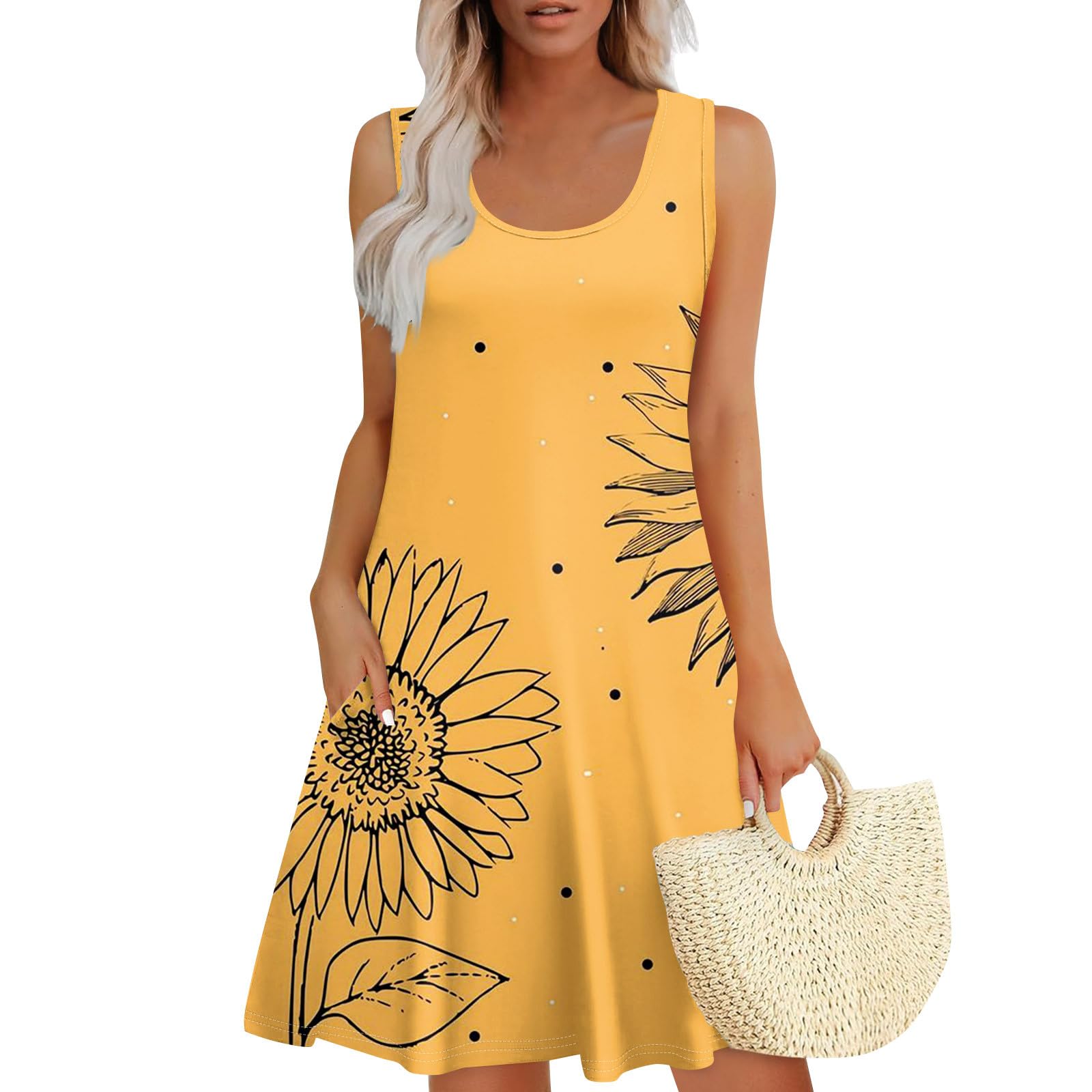boavni Womens Summer Dresses 2025 Beach Casual Sleeveless Floral Print Boho U Neck Loose Sundresses Dress with Pockets