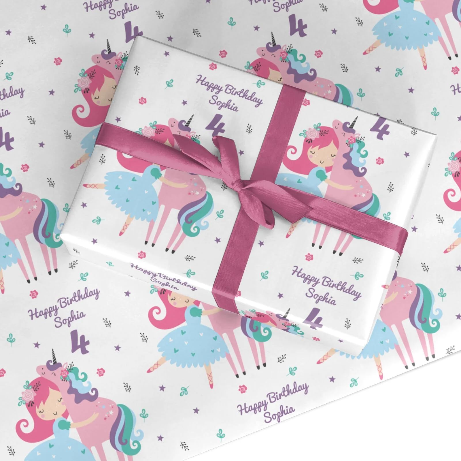 Personalised Unicorn Happy Birthday Wrapping Paper - Custom Pink Girls Gift Wrap - With Name and Age - Small Roll (50cm x 2.2m)