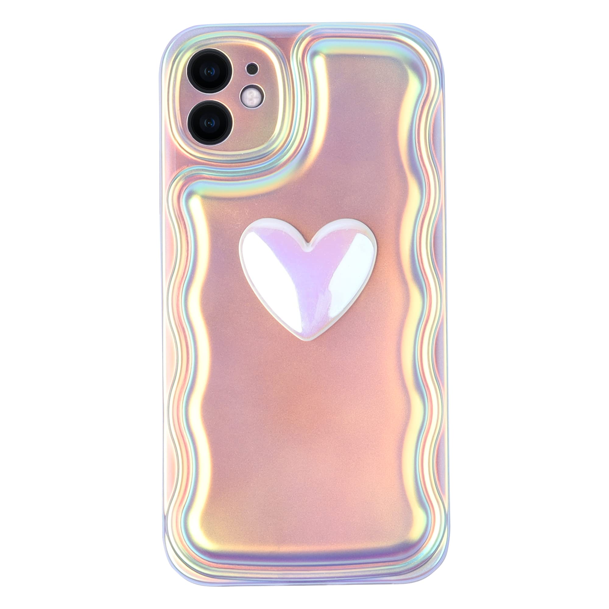 JiuWang Funda iPhone 11 Pro MAX Rosa Iridescente, Corazón 3D & Borde Ondulado, Carcasa IMD PC AntiGolpes, Diseño Kawaii Cute para Mujer y Niña — view 4