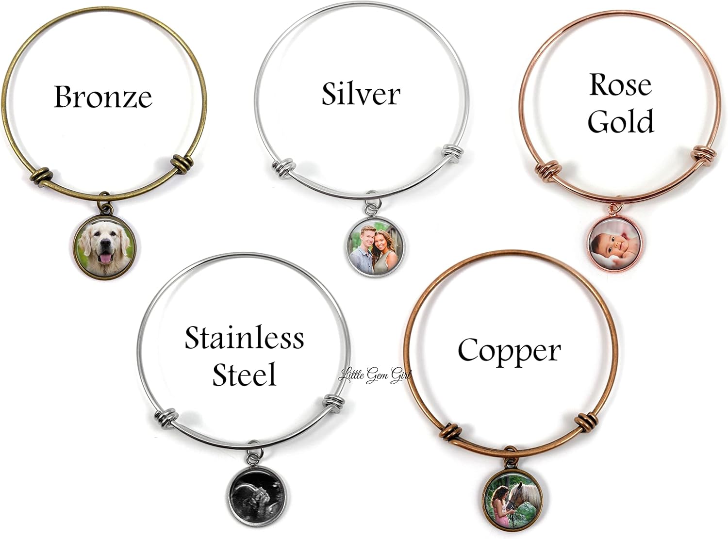 Custom Photo Charm Expandable Bangle Bracelet, Rose Gold, Silver, Stainless Steel, Bronze or Copper, 1-3 Pictures, Personalized Gift, Adult Jewelry