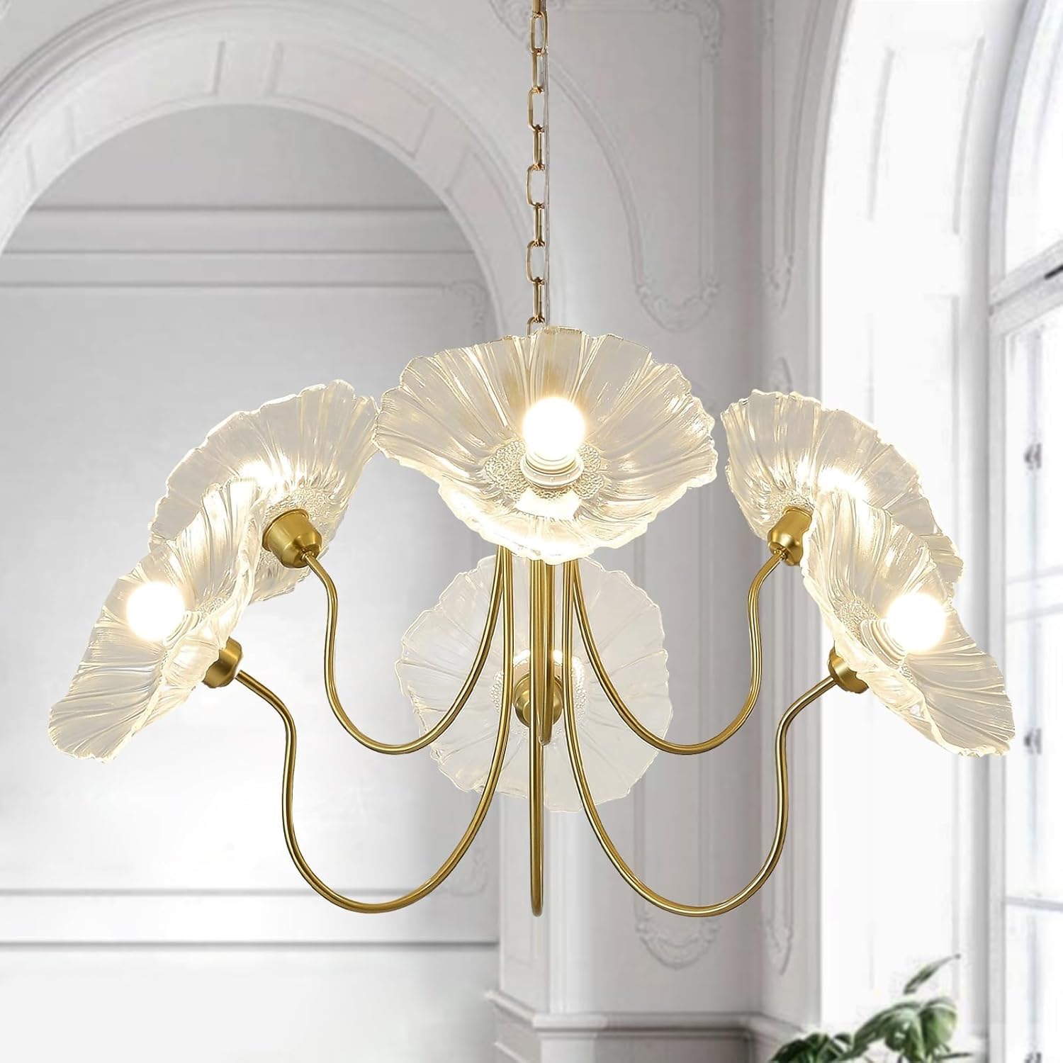 Lustre vintage en verre floral à 6 lumières avec abat-jour en forme de fleur verte en laiton doré luminaire suspendu pour salle à manger cuisine îlot salon chambre à coucher(Clear)