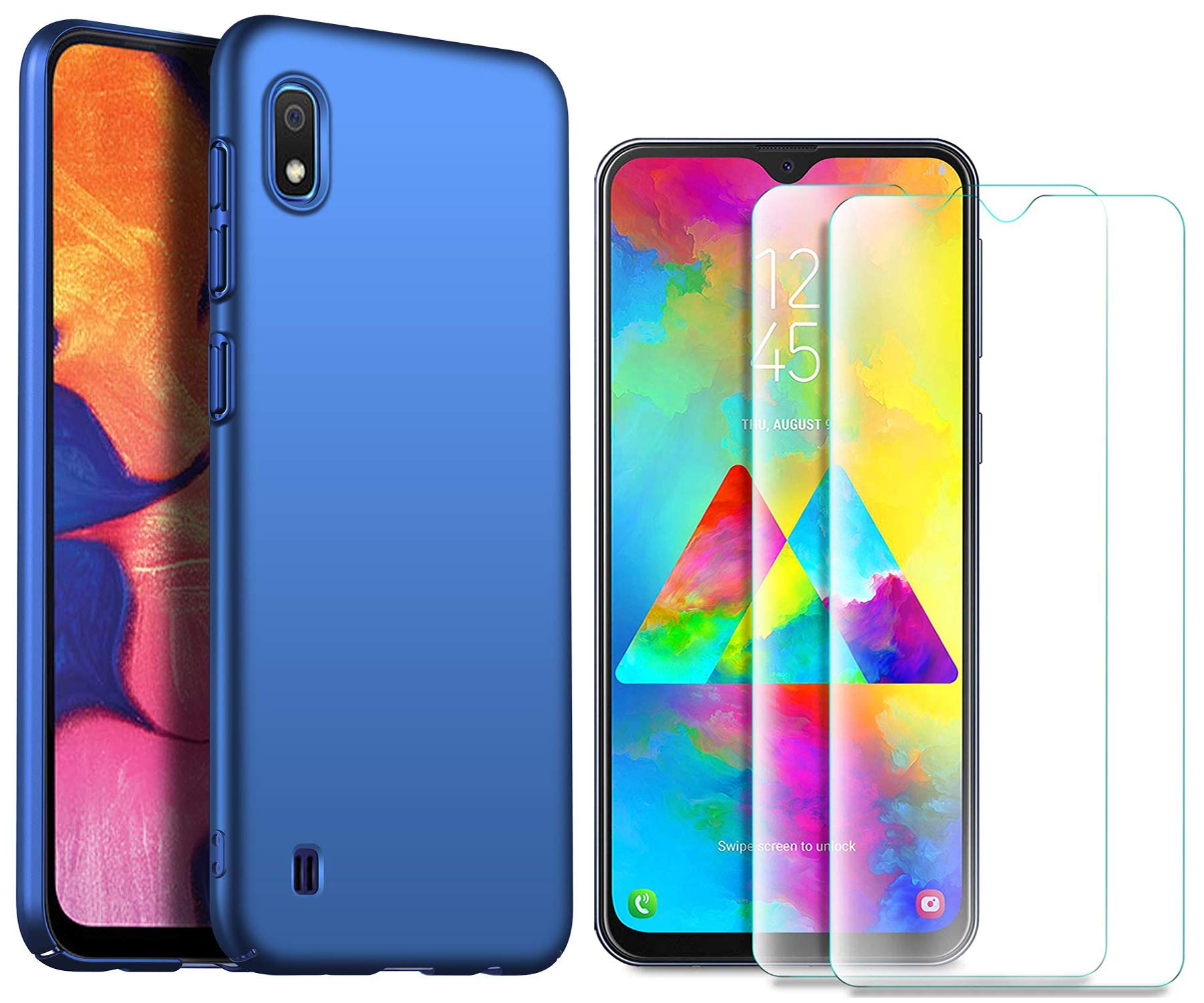 MYLBOO For Samsung Galaxy A10 Case and Screen Protector,[3 in 1] Slim Hard Plastic Case + [2 Pack][9H Hardness] [HD Ultra] Tempered Glass Screen Protector For Samsung Galaxy A10 (Blue)