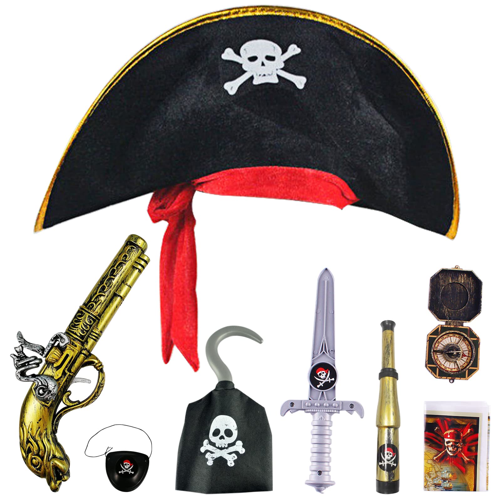 G-LOVELY'SPirate Costume 8 Pcs Pirate Accessories – Halloween Pirate Theme Pretend Play Party Set, Dress Up Supplies with Hat, Sword, Pistol, Eye Patch, Telescope, Compass, Hook & Map