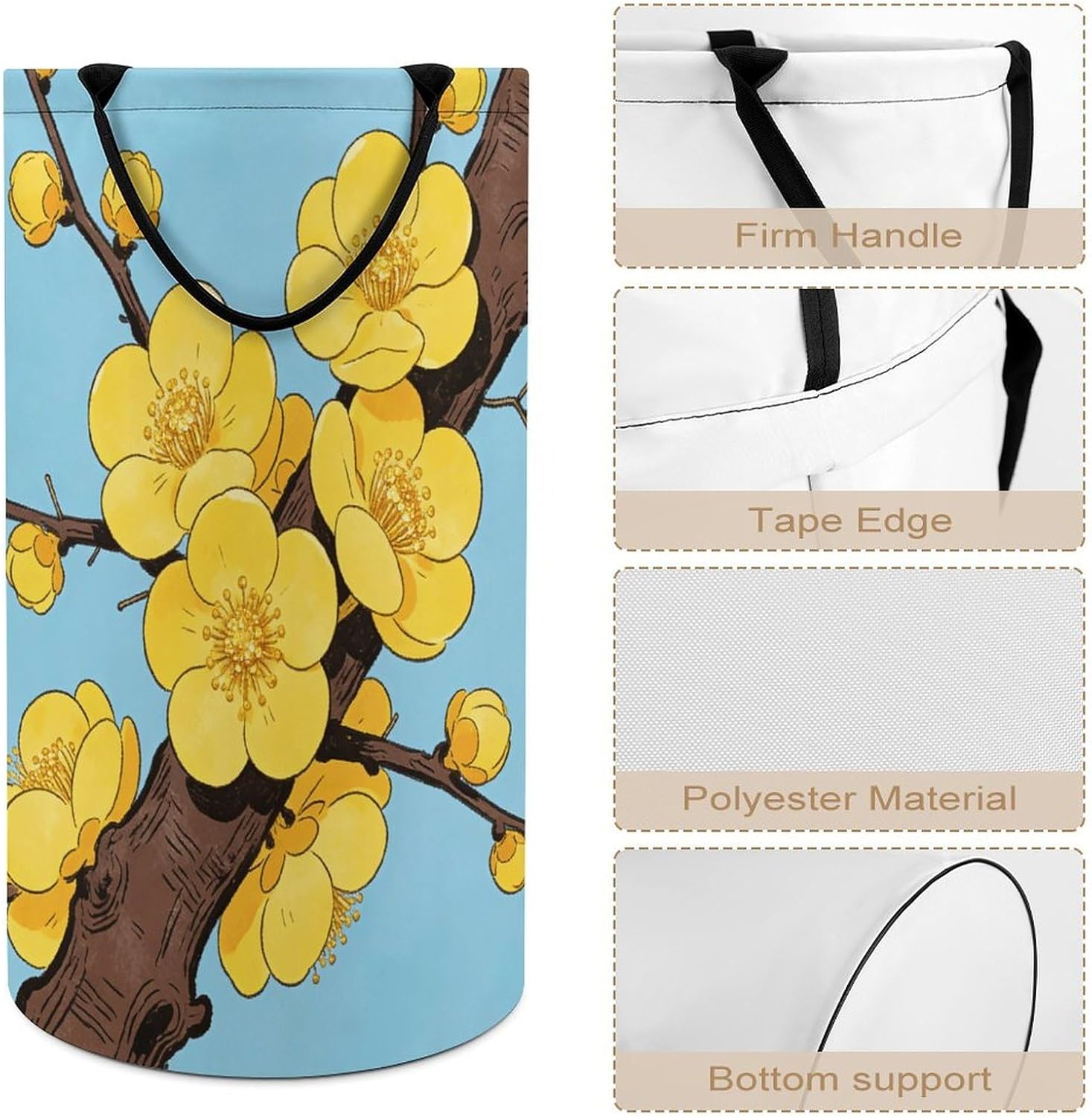Yellow Plum Blossom Laundry Hamper with Handles Waterproof Collapsible Laundry Basket Large Lightweight Round Dirty Clothes Hamper for Home Dorm Bathroom Decor