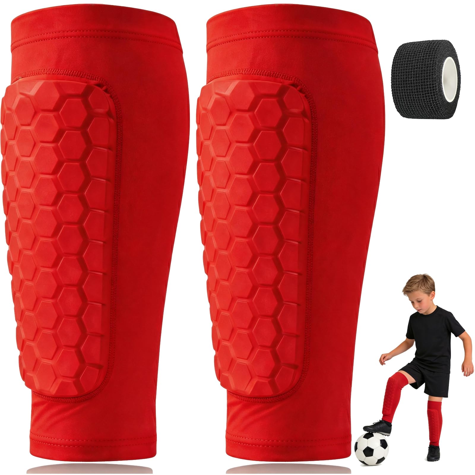 TiGog Football Shin Pads for Kids, with Self Adhesive Bandage, Honeycomb Compression Sleeve Football Shin Guards, Superior Impact Absorption, Ski Shin Guards for Boys Girls Teenagers (Red, S)