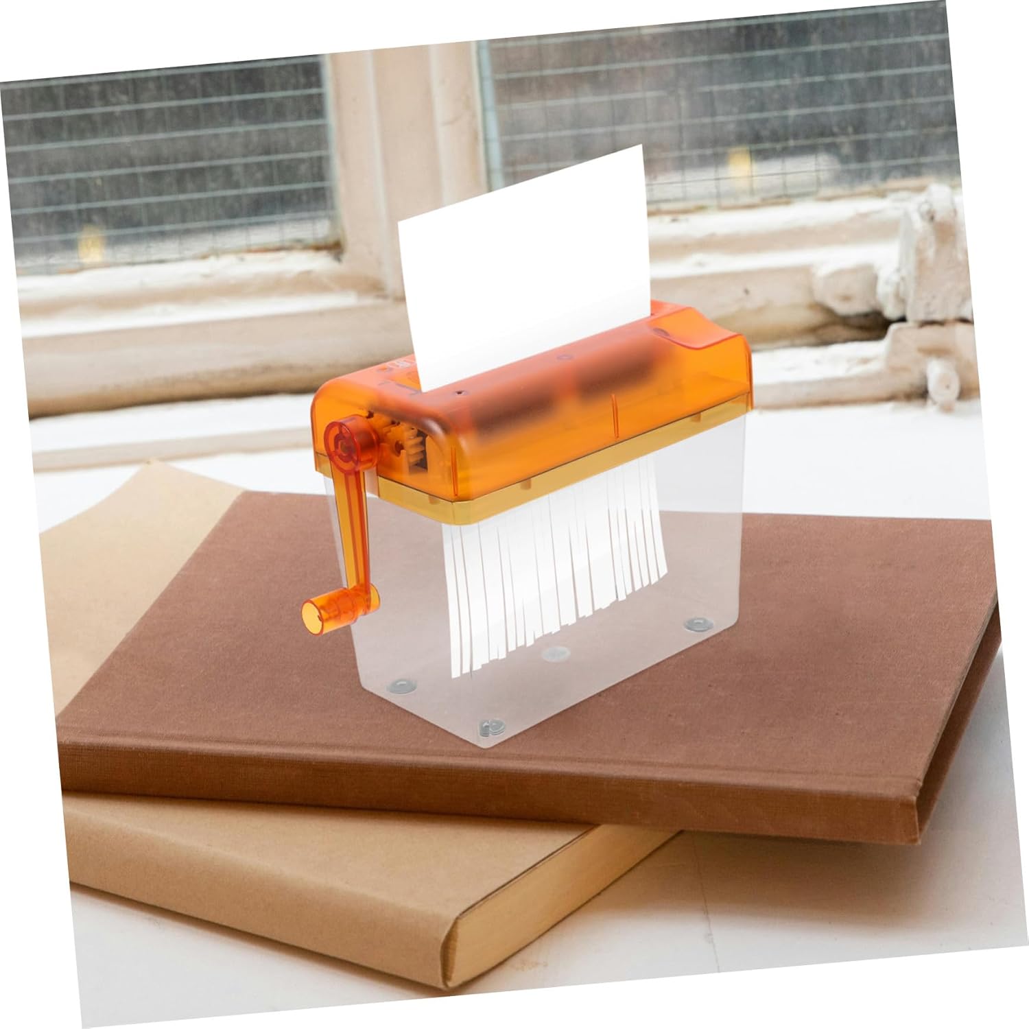 Portable Mini Manual Paper Shredder Handheld Document Cutter with Transparent Design and Built Storage Box for Home Office Use