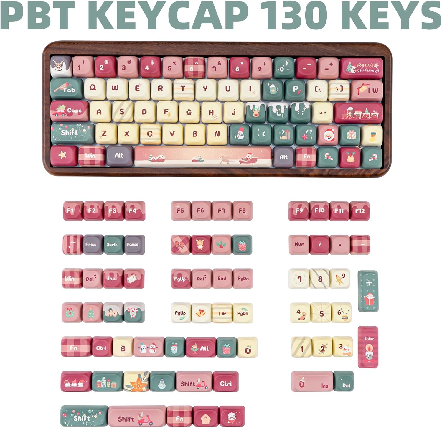 PBT Keycaps, Cute Cartoon Christmas Style Keycap Set, MOA Profile Dye-Sublimation Keycaps, Kawaii Custom Keyboard Keycaps for Gateron Cherry MX Switches Mechanical Keyboards