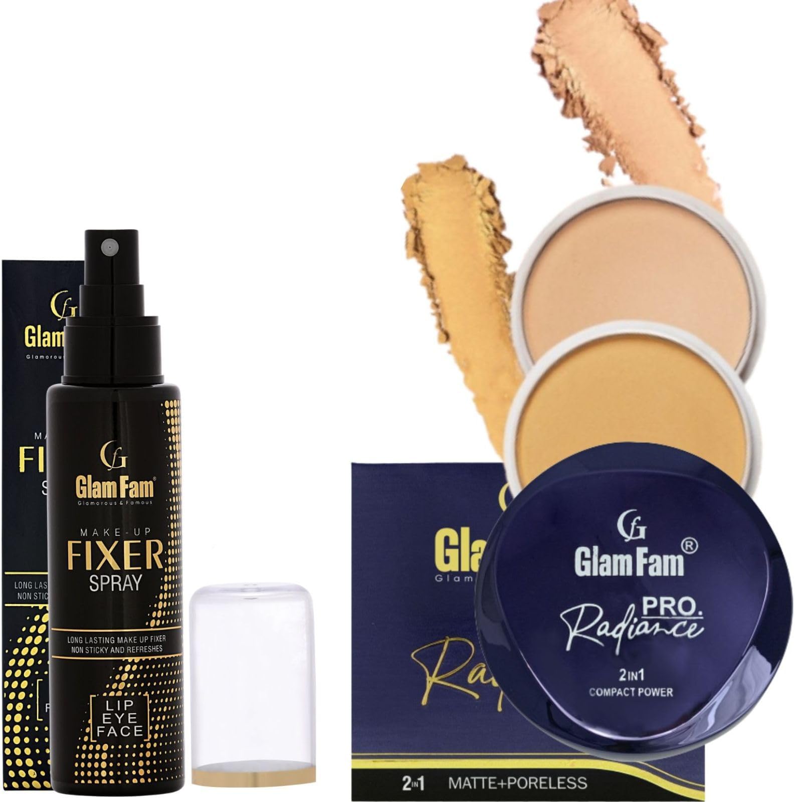 GLAM FAM Pro Rdiance 2 In 1 Compact Powder With Non Sticky And Refreshing Long Lasting Makeup Fixer Spray (Pack Of 2)
