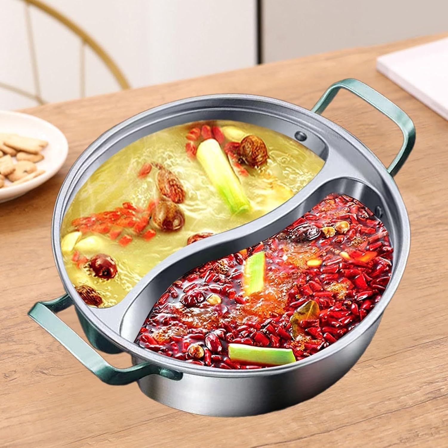 Marmite Shabu Shabu en Acier Inoxydable avec Séparateur pour Repas Partage, Multi-Ustensile de Cuisson, 32cm, 32cm