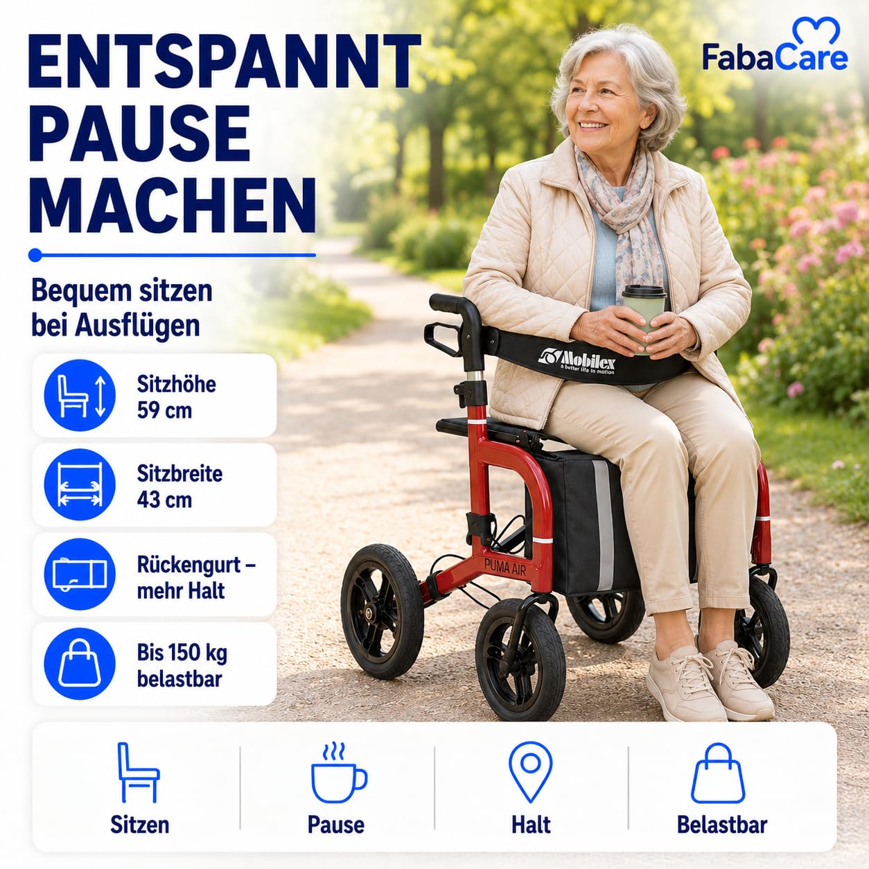 FabaCare Outdoor-Rollator Puma Air rot mit Luftbereifung | Leichtgewichtrollator faltbar bis 150 kg mit Tasche, Rückengurt, Stockhalter, Getränkehalter & Feststellbremse