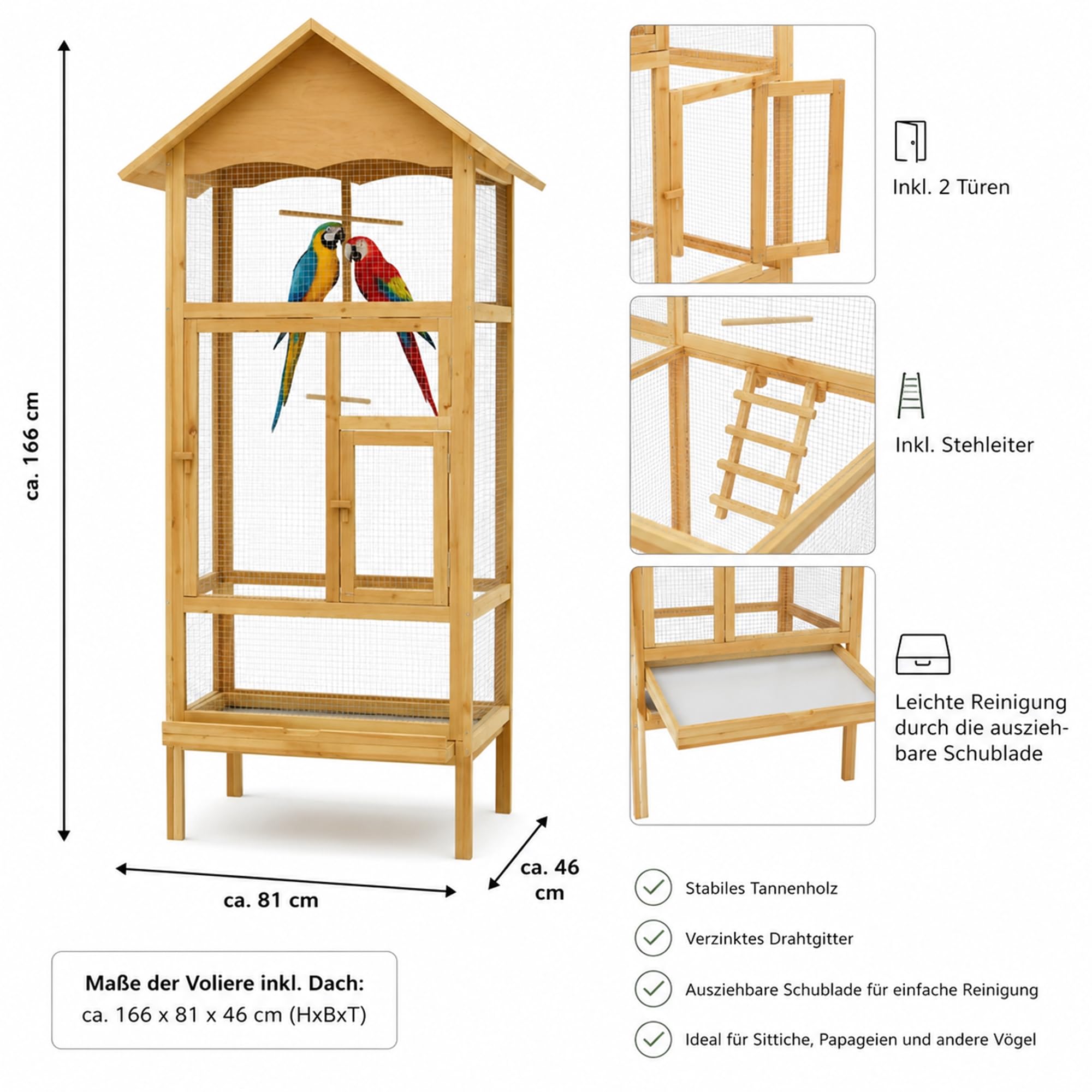 Mucola Vogelvoliere Holz großer Vogelkäfig mit 2 Türen Vogelhaus mit Sitzstangen, Leiter und Kotschublade Außenvoliere 74 x 74 x 194 cm Zuchtkäfig Vogelhaus