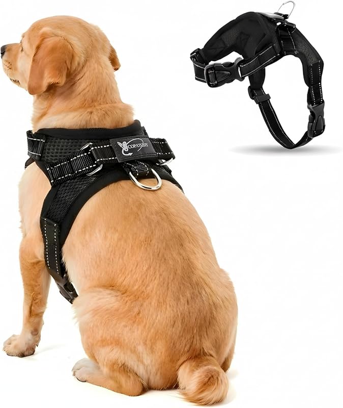 No Pull Reflective Adjustable Dog Harness with Handle- Comfortable Soft All Weather Mesh, Easy On Puppy Harness for Small Medium and Large Dogs (Black) Small