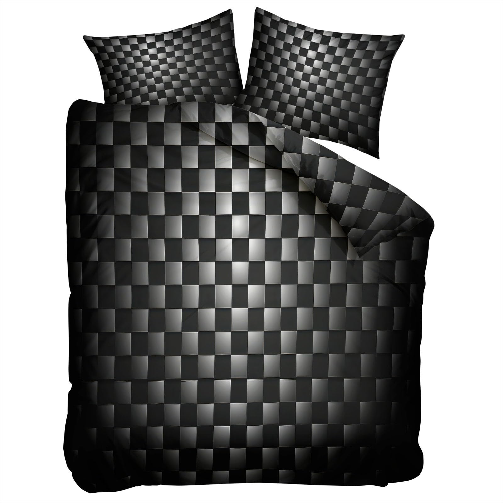 Zestaw pościeli 180 x 220 cm Dwustronna geometryczna poszewka na kołdrę czarny szary kwadrat, nowoczesna poszwa na kołdrę miękki i oddychający komplet pościeli - luksusowa sypialnia z poszewkami na