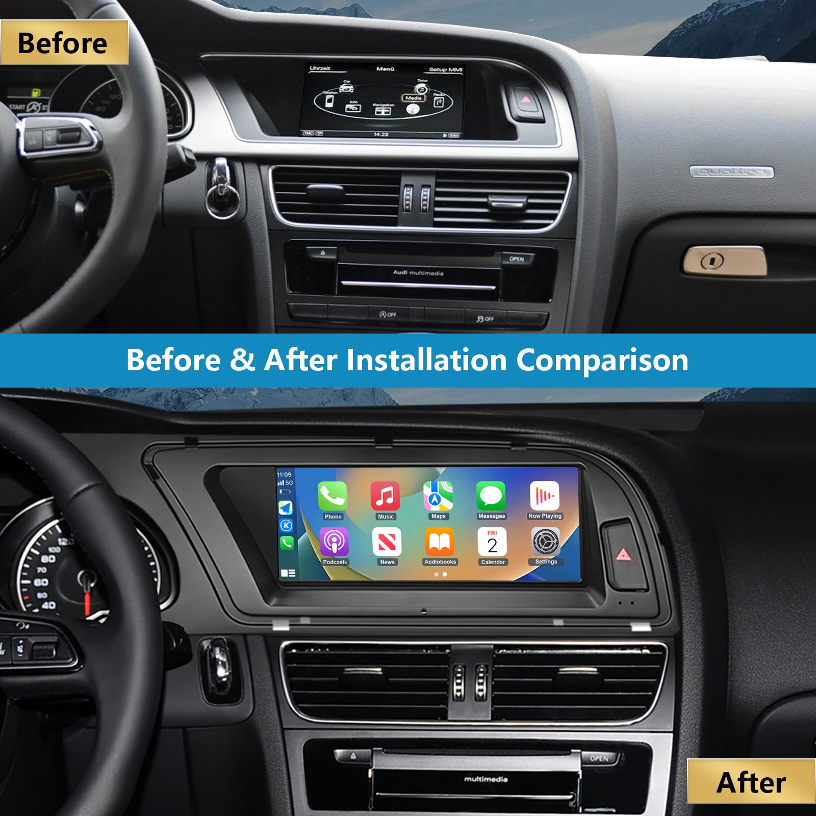 Autoradio écran Tactile 8,9" avec Carplay sans Fil et Android Auto pour 2009-2016 Audi A4 S4 avec système 3G MMI+, Prend en Charge Mirrorlink, Caméra, Navigation