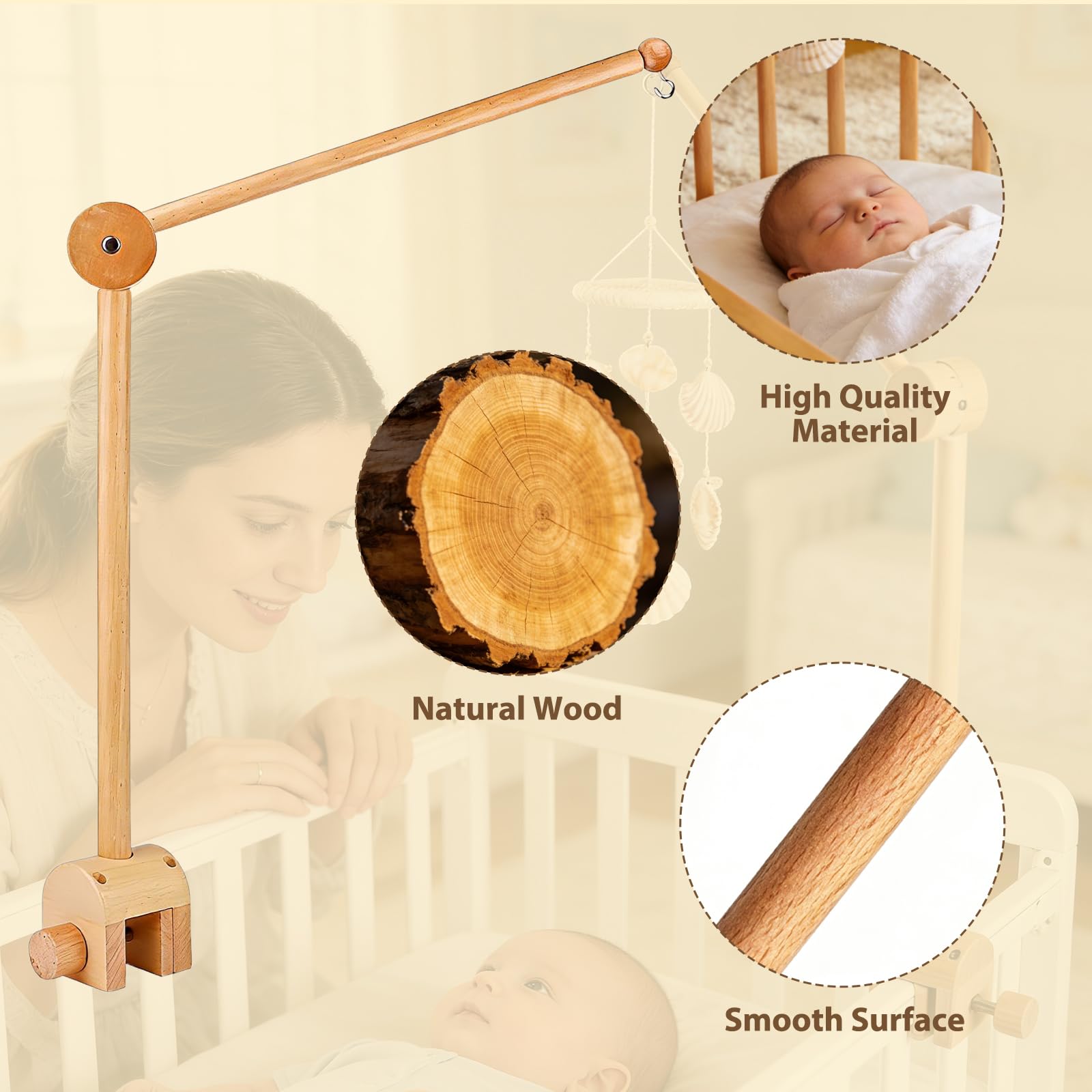 Soporte Móvil para Cuna de Bebé, Soporte de Madera Ajustable para Colgar, Brazo Extraíble 360° Rotación, Ideal Campanas de Viento, Juguetes y Decoración Habitación Infantil