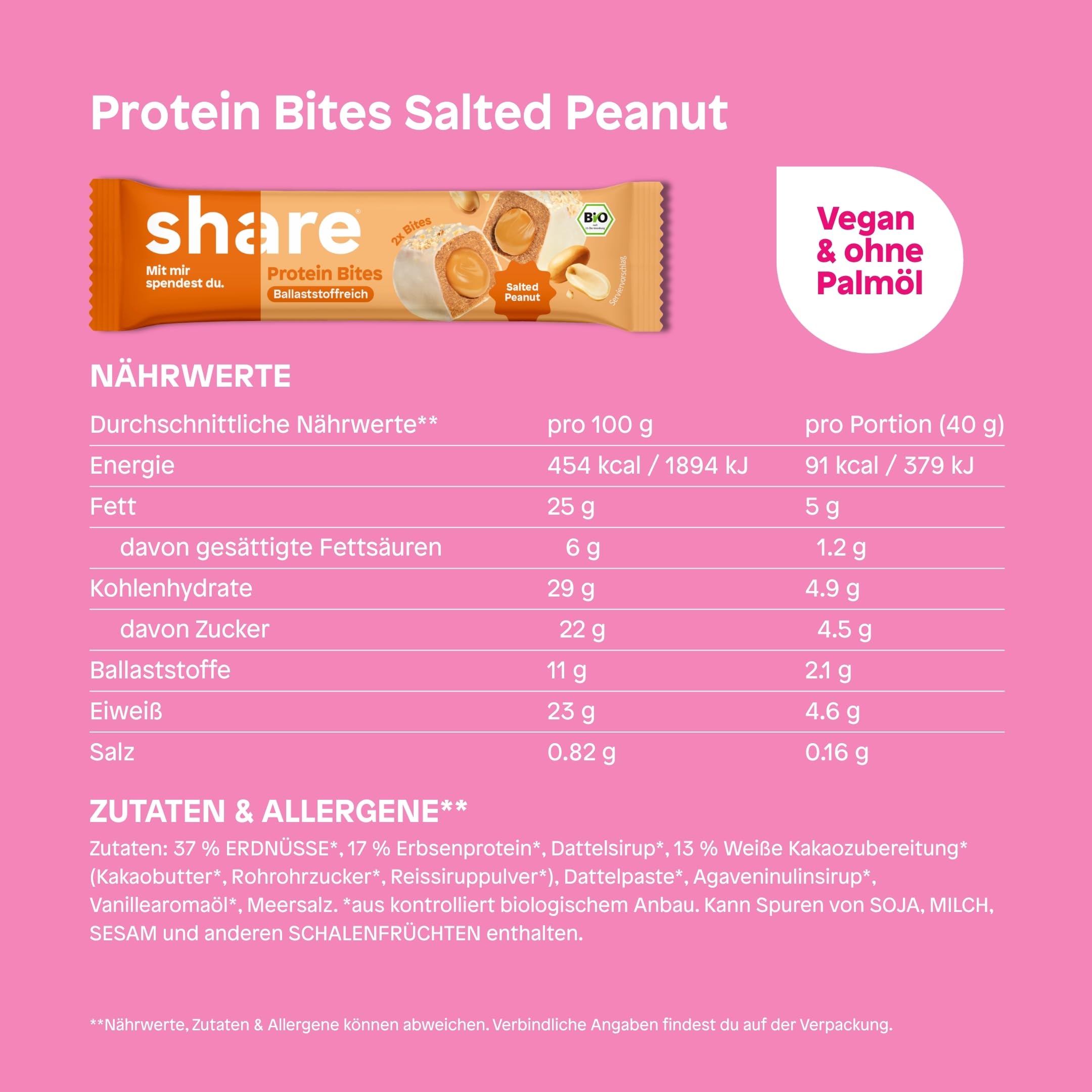 share Bio Protein Bites Salted Peanut (15x40g) | Veganer Proteinriegel 23% Eiweiß, Ballaststoffreich, Ohne Palmöl, Jeder Kauf spendet, Proteinquelle, Cremige Nussmus-Füllung