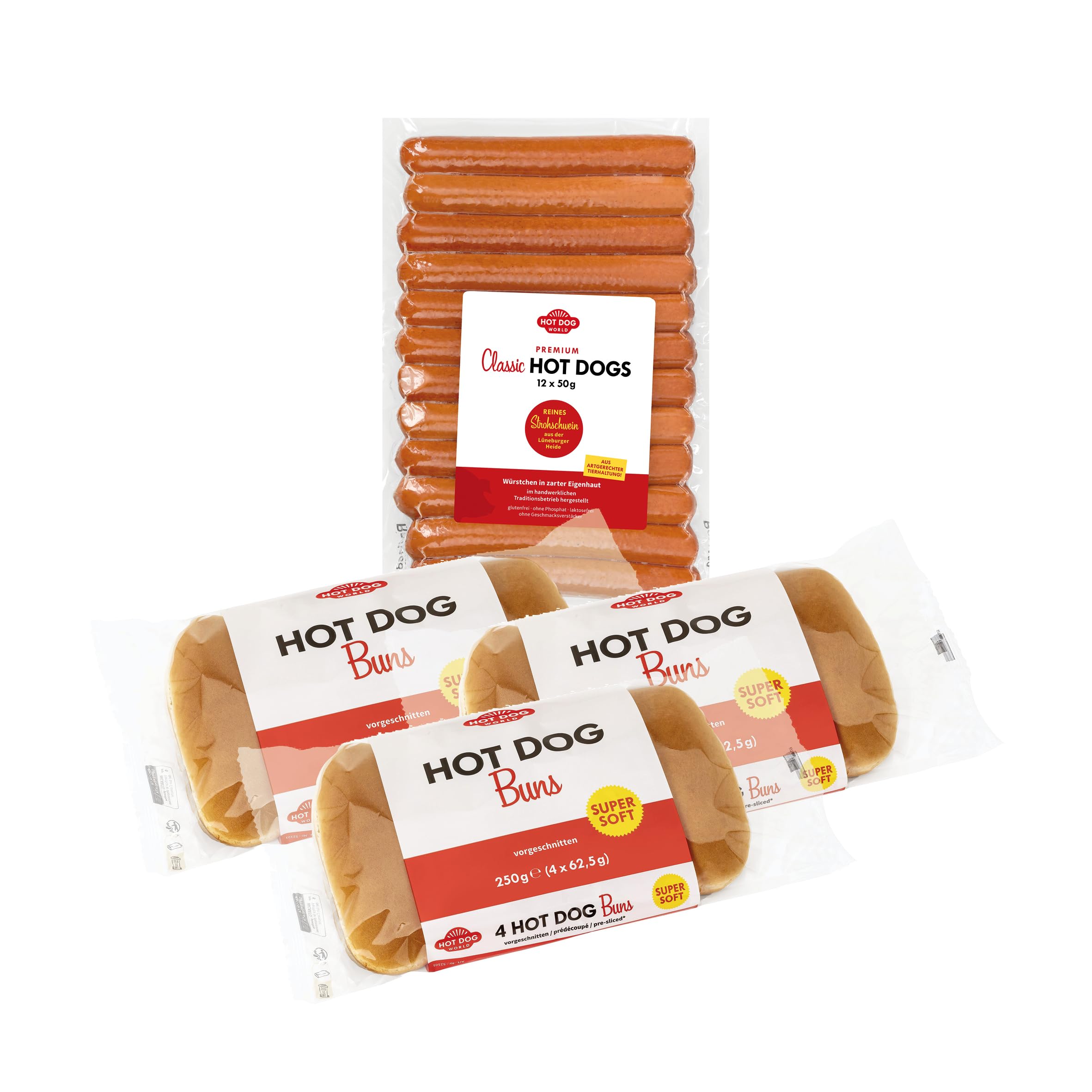 HOT DOG WORLD - Hot Dog Würstchen & Brötchen 12er Pack (Strohschein)