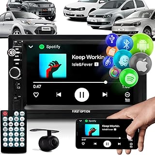 Kit Som Pra Carro Central Multimídia Mp5 Automotivo Aparelho 2 Din Touch Screen 7 Polegadas Com Espelhamento Usb de Celular Smarthfone Android ou Ios Iphone + Moldura Painel Contra Frente Padrão Japonês e Chinês Volkswagen Polo Golf Fox Bora Spacefox Crossfox e Ford Fiesta Ecosport + Câmera de ré e Controle Remoto (Moldura Preta)