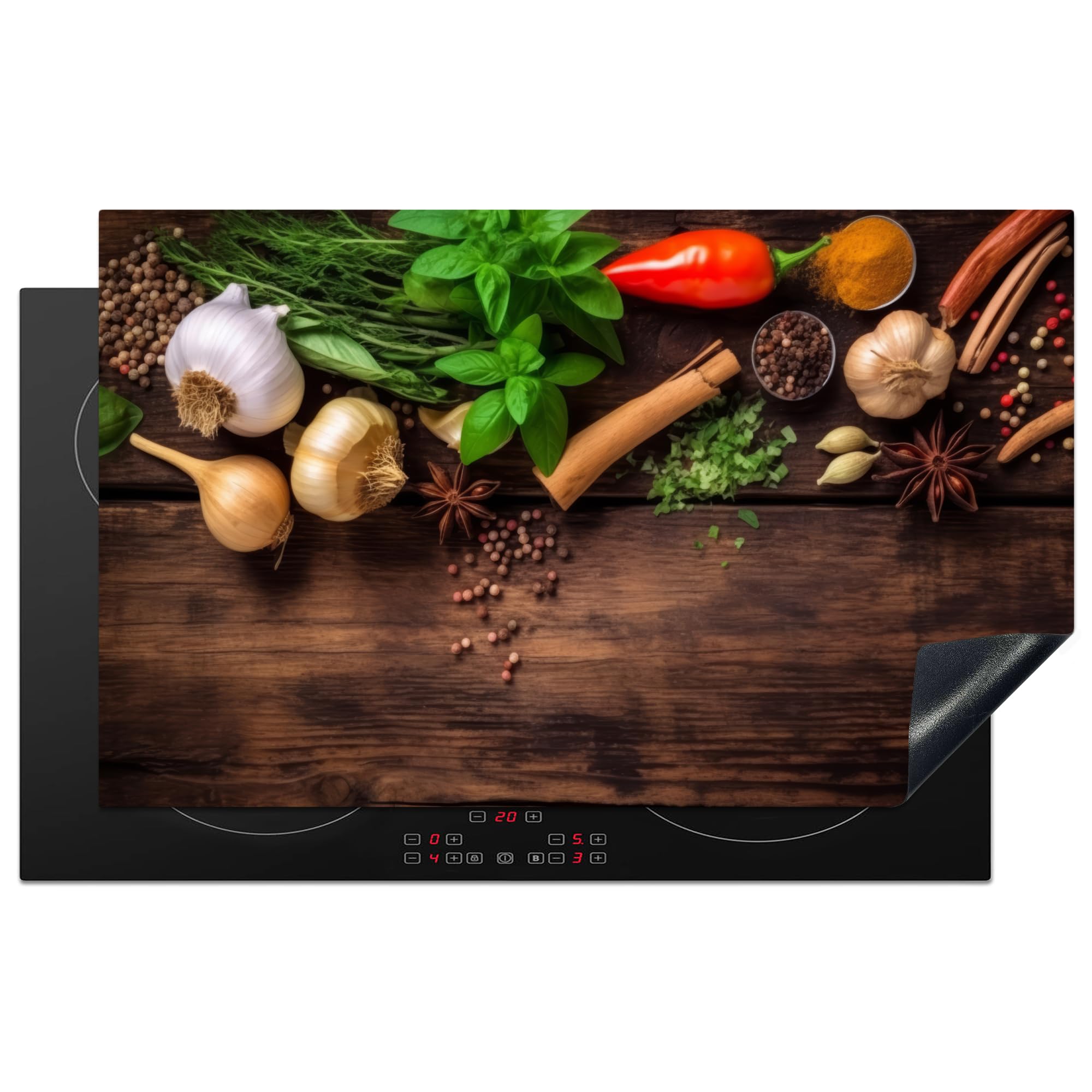 KitchenYeah© Induction Hob Protector Mat 20.5"x33.5" / 85x52 cm Stove Cap Top Cover Kitchen Cooker Covers for Electric Hobs Vinyl Garlic - Herbs - Vegetables - Spices - Wood - Still Life — image 1