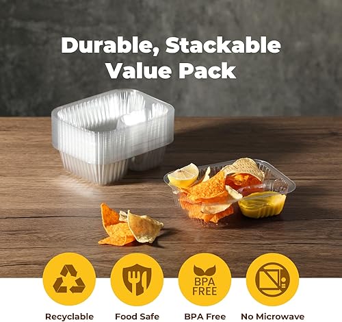 Miniatura 4 de Fit Meal Prep Paquete de 125 bandejas de plástico para nachos de 12 onzas, 2 compartimentos desechables para virutas y inmersiones, recipientes