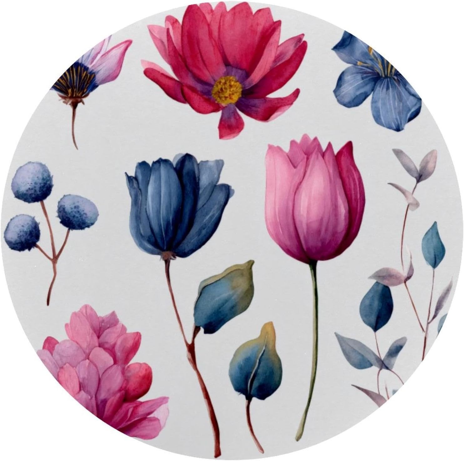 Round Mouse Pad for Women Men, 10’’ Round Desk Pad Mousepad Non-Slip Rubber Base, Office Home Laptop Accessories, Set of Watercolor Flower Elements
