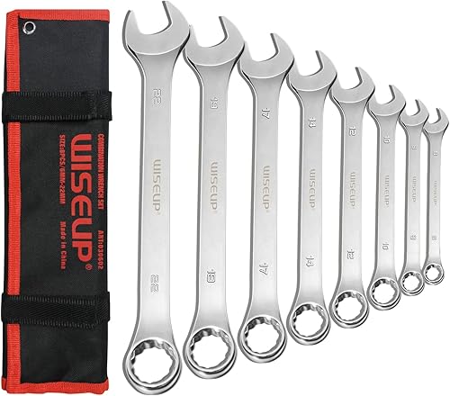 WISEUP Juego de llaves combinadas métricas industriales Cr-V forjadas y pulidas de 12 puntos con bolsa de rollo 8 piezas incluyendo