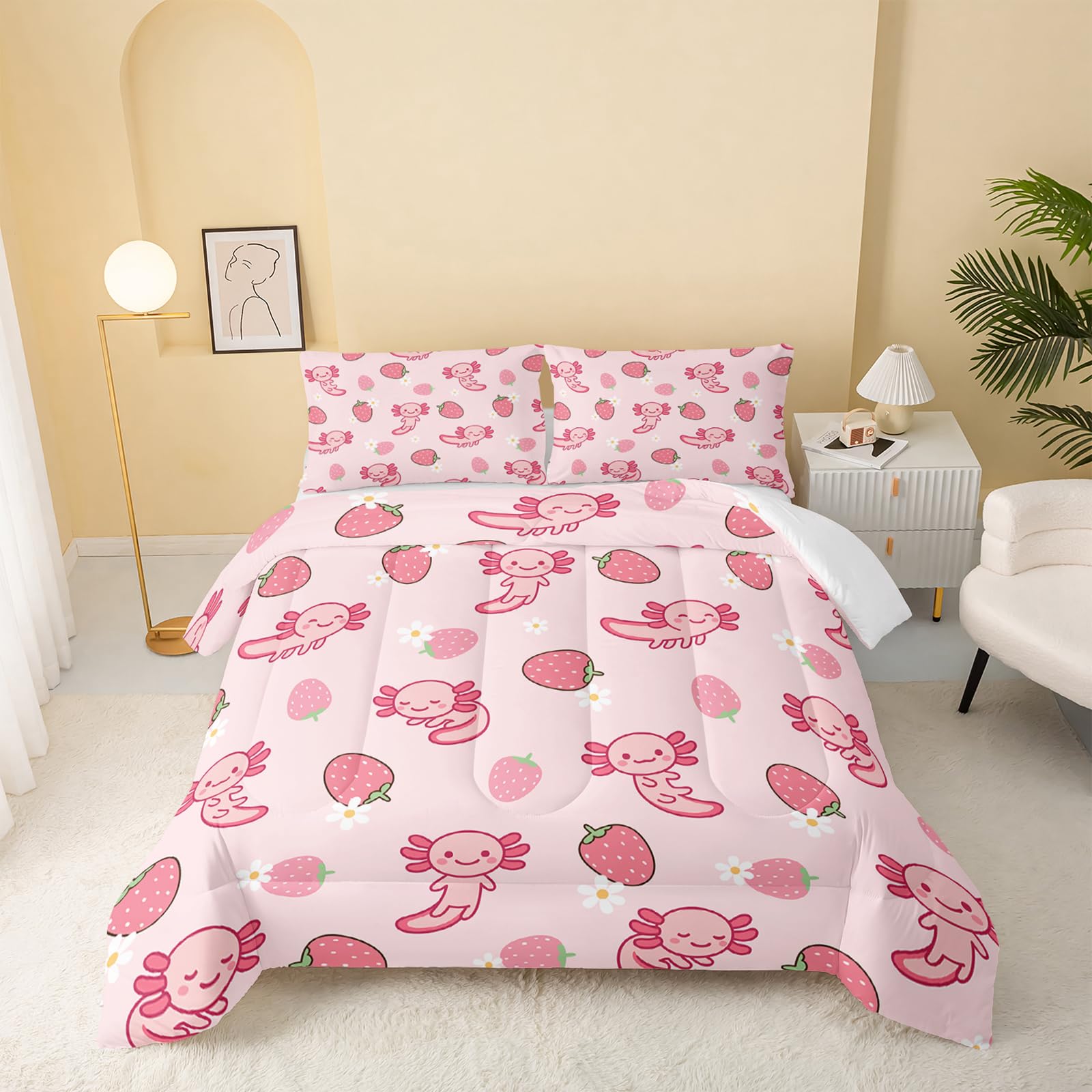 QOOMO Pink Axolotl Soft Lightweight Bed Comforter Set Kawaii Strawberry Kids Bedding Set Cute Sea Creature 3D Quilt Set Bedroom Decoration Queen Size
