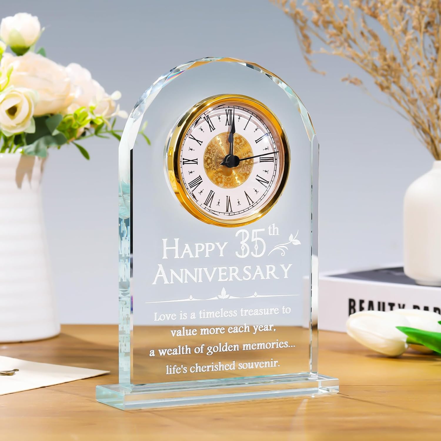 YWHL 35th Wedding Anniversary Clock Gifts for Parents, 35 Years Anniversary Glass Quartz Clock Gifts for Couple Wife Husband, Table Clock Gifts for 35th Anniversary Decoration (Battery not Included)