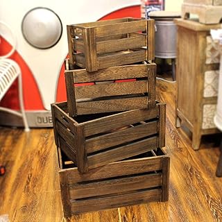 (Set of 4) Wooden Storage Box with Handles Decorative Wooden Storage Crates, Wood Boxes Rustic Farmhouse Style for Storage and Display Decorative Wooden Crates for Home.