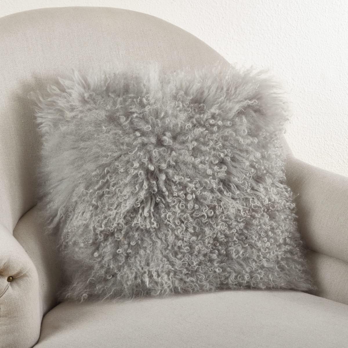 SARO 16 in. Square Wool Mongolian Lamb Fur Throw Pillow Fog