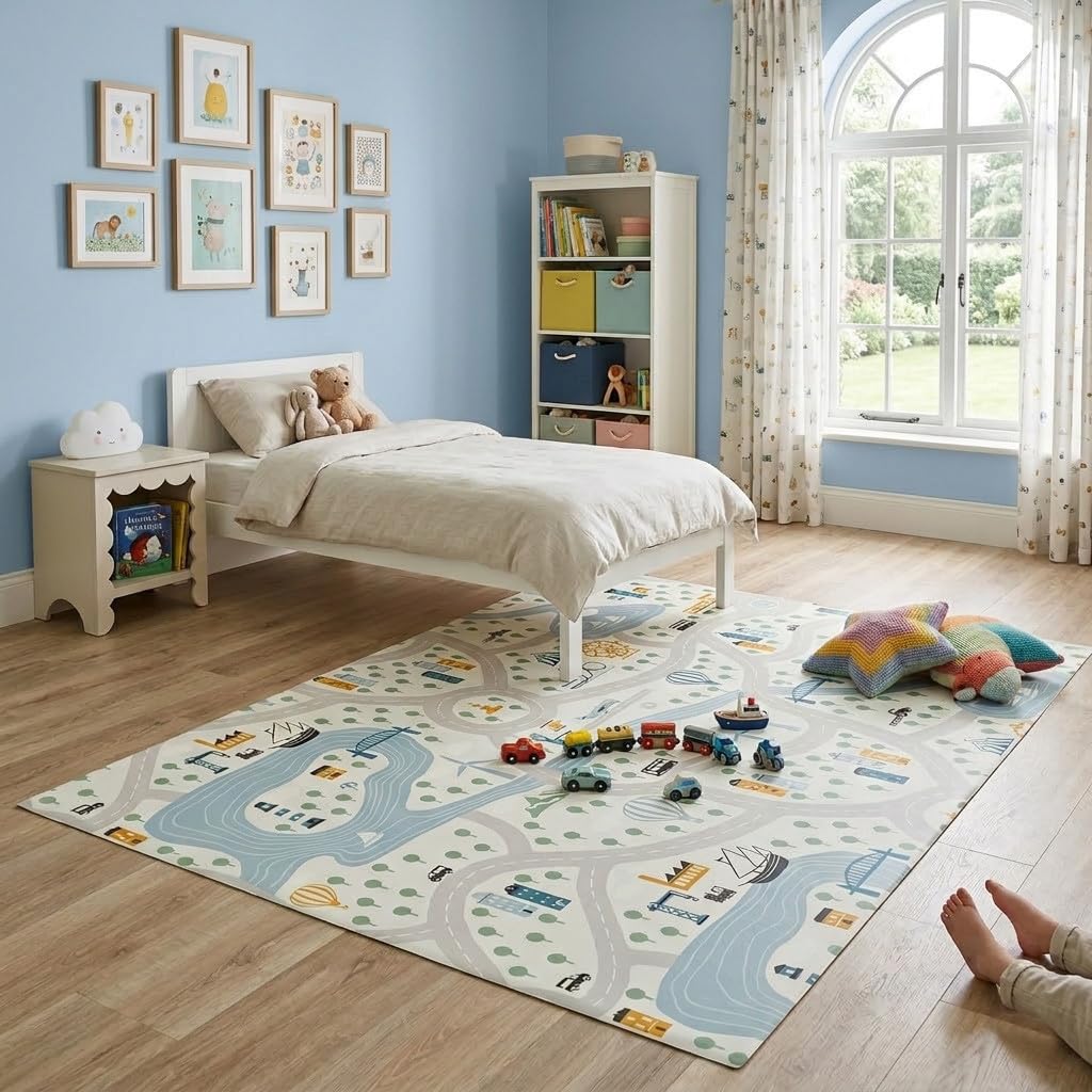 Alfombra de Vinilo Infantil Villa – Pie de Cama Larga y fácil de Limpiar. (50x200 cm)