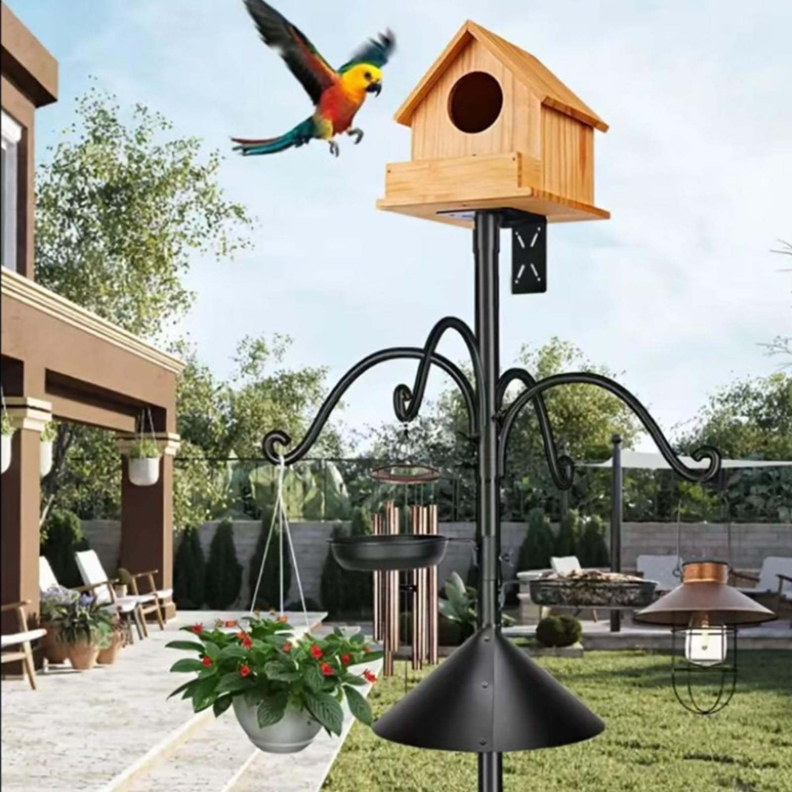 Supporto per mangiatoia per Uccelli in Metallo con Riparo in Legno e 5 Piattaforme sospese per Decorazioni da Giardino Esterno Supporto per mangiatoia per Uccelli Resistente alle intemperie
