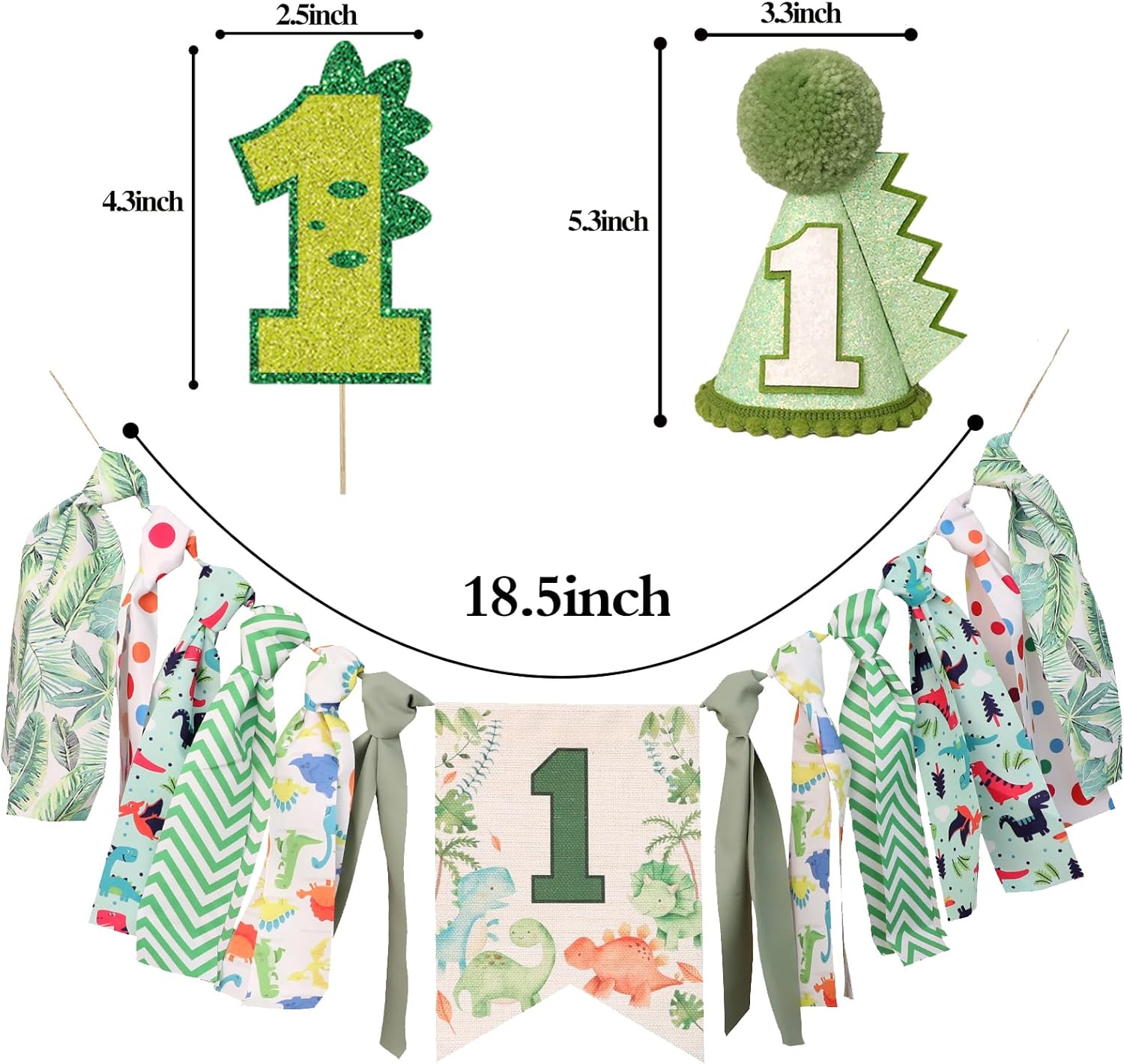 Dinosaur Theme 1st Highchair Banner Tassel Garland Dino Conical Cap Cake Topper Green First Dinosaur Birthday Decorations - Image 8