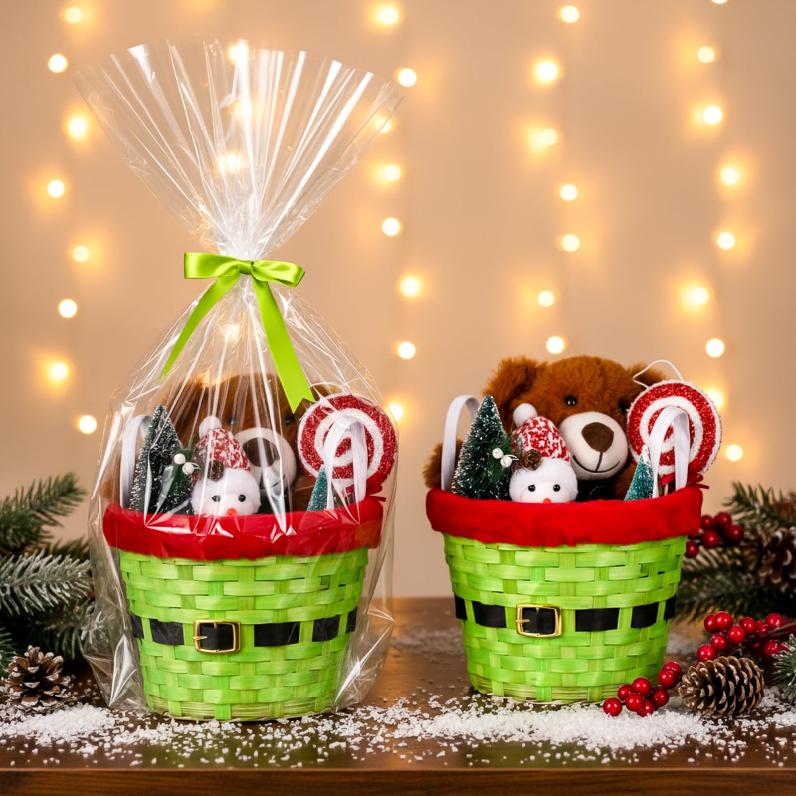 Threehoney Geschenkkorb für Weihnachten, leer, Bambuskorb, Korb mit Tasche und Schleife, Weihnachtsgeschenke für Damen und Herren, Aufbewahrungsgeschenk, Snack-Skep mit Griff für Weihnachtsdekoration