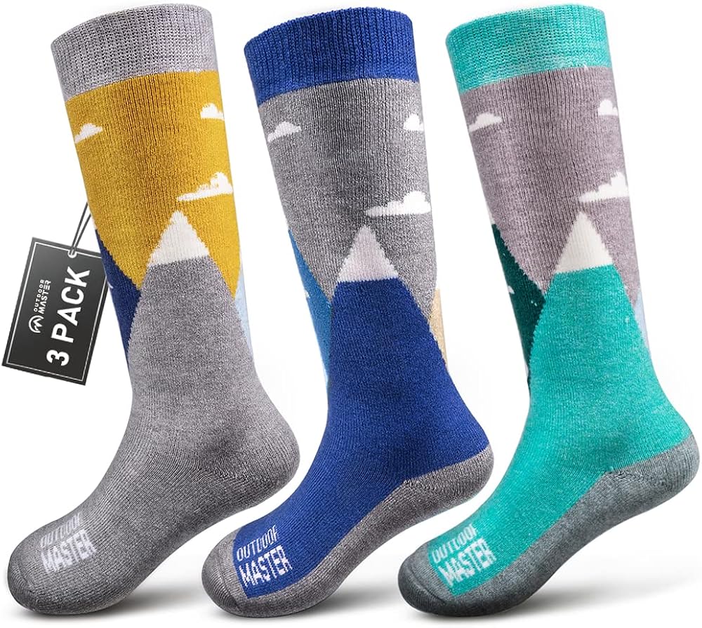 OutdoorMaster Kids Ski Socks - Merino Wool Blend, Over the Calf Design w/Non-Slip Cuff Medium Dust Gray, Blue Mountains, Woodland Green