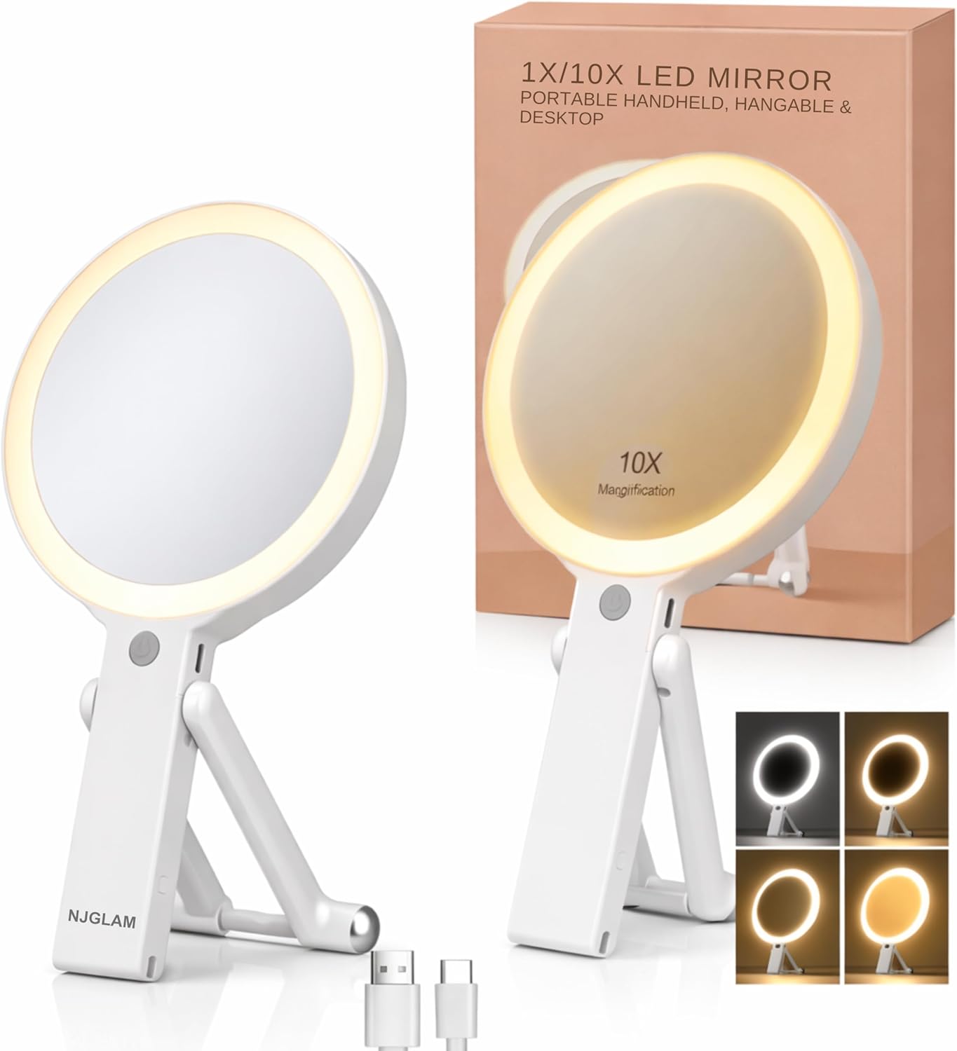 LED Lighted Makeup Mirror, Double Sided 1X/10X Magnifying Vanity Mirror with 3 Color Light Modes, USB Rechargeable Portable Cosmetic Mirror with Adjustable Stand, Tabletop, Handheld & Hanging