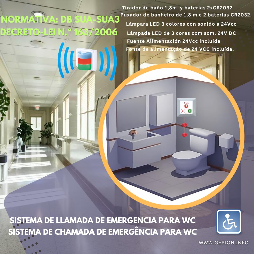 Kit Llamada Alarma Emergencia Inalámbrico Tirador Pulsador Aviso Acústico Lámpara Alta Visibilidad Baños Asistidos Adaptados