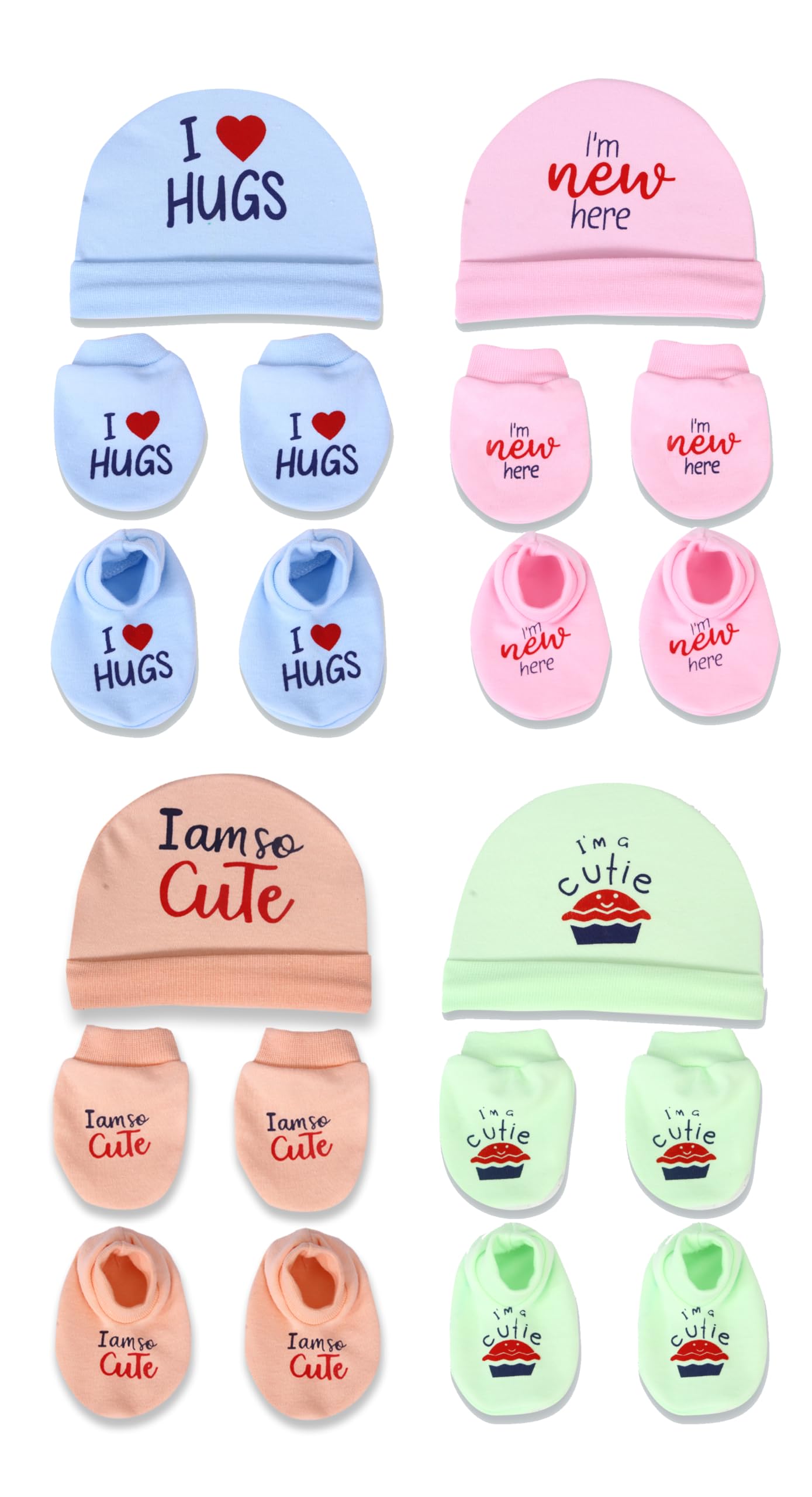 MOM'S DARLING (Pack Of 4 Pairs) Newborn Baby Caps|Mittens & Booties Combo Set For 0-6 Months Baby|Baby Gloves & Socks Set|Baby Shower Gift|Designs & Colors Are Same As In Photo|Multicolor-picture-36