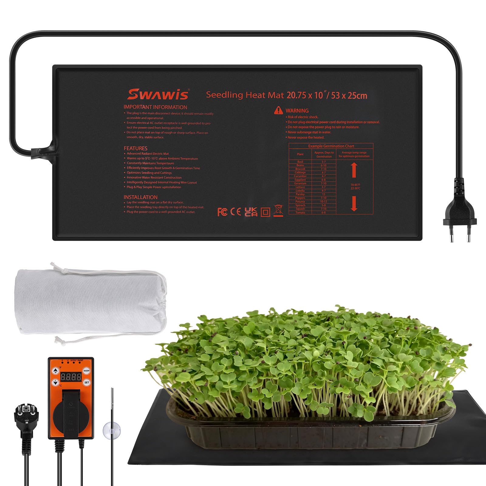 SWAWIS 65W Tappetino Riscaldante per Piante con Termostato 52.7x25.4cm, Intervallo di Controllo della Temperatura 5-42 ℃, IP67, per Germinazione dei Semi Rettili(Separato Termostato)