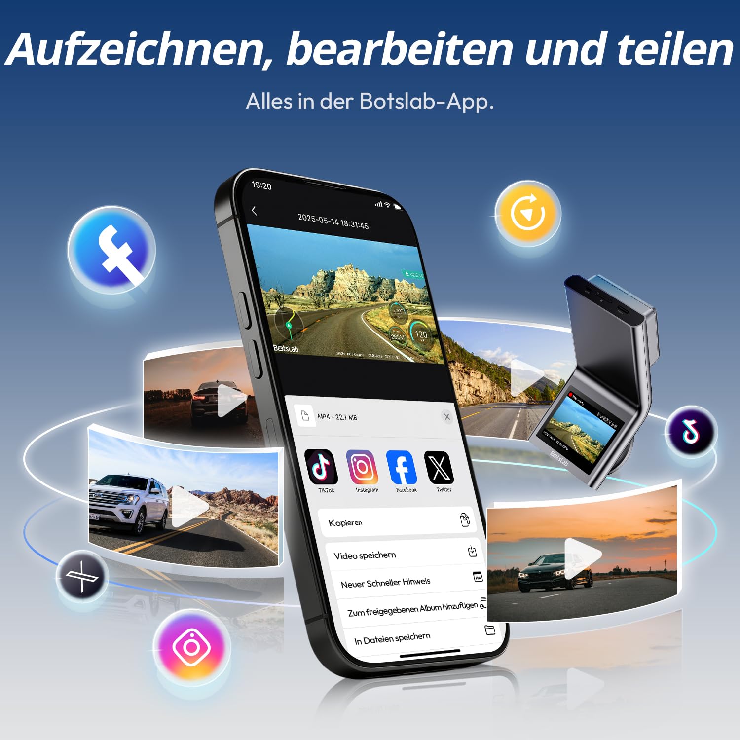 BOTSLAB 4K Dashcam Auto Vorne Hinten mit STARVIS 2 Sensor, WDR Dual-Kanal, 64GB SD-Karte, Super Nachtsicht, Sprachsteuerung, 5,8GHz Wi-Fi, GPS, bis 256GB