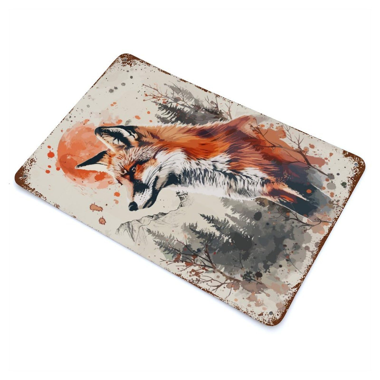 Garage Style Fox Nature Watercolor Vintage Rust Metal Sign 11.8"x7.9", Rustic Home Decor for Bar And Workshop