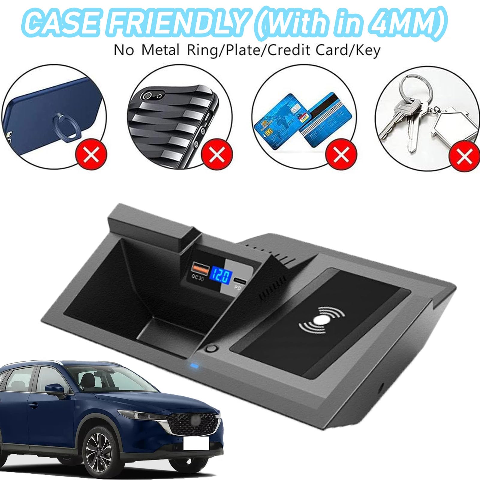 Caricabatterie Wireless per Auto per Tutti i Modelli Cx-5 Accessorio con 15 W Wireless e USB Qc3.0 Ricarica Rapida Regalo per la Famiglia