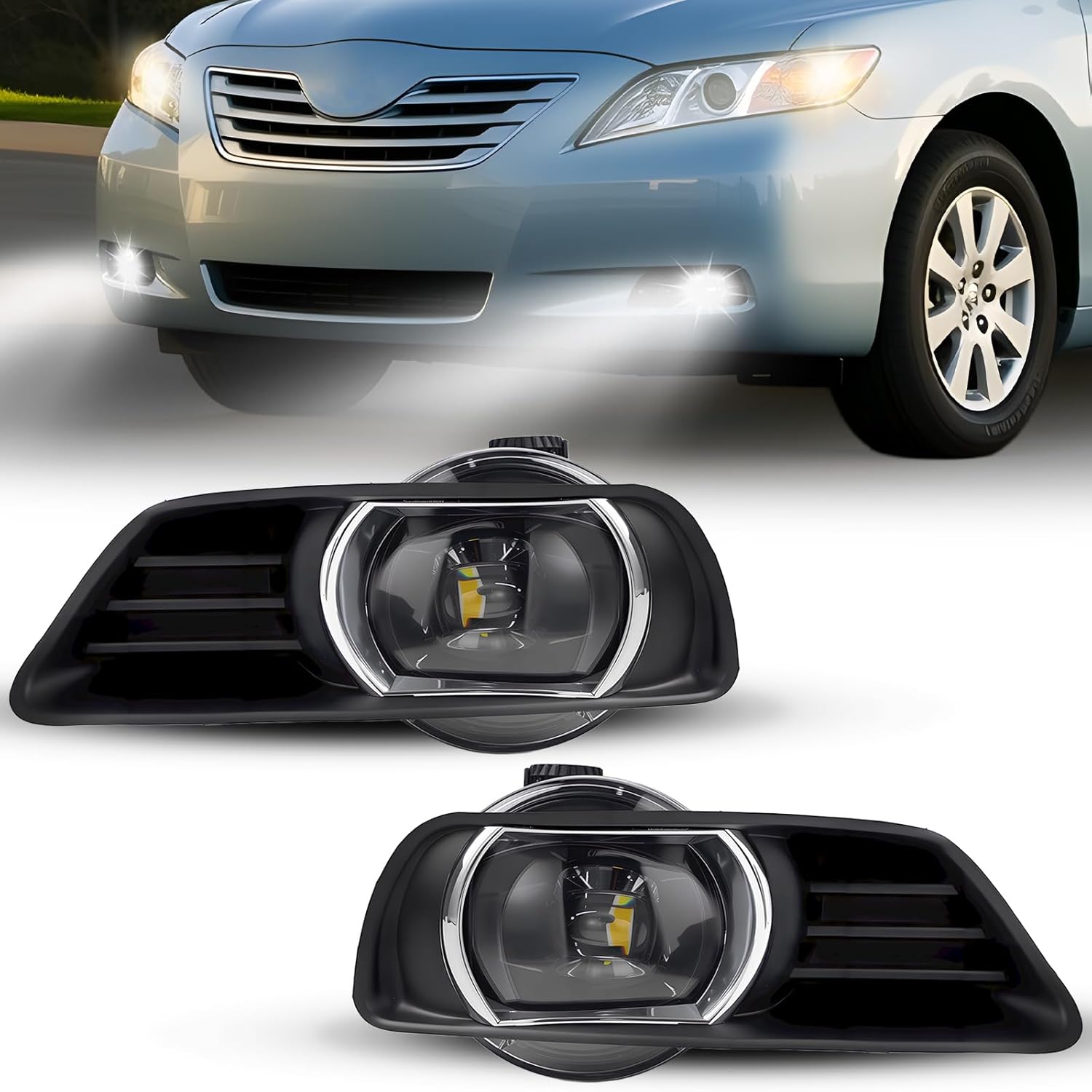 LED Fog Lights Compatible with 2007-2009 Camry 2 Types Lights-White and Amber Front Bumper Driving Fog Lamps with Switch and Wiring Kit Clear Lens