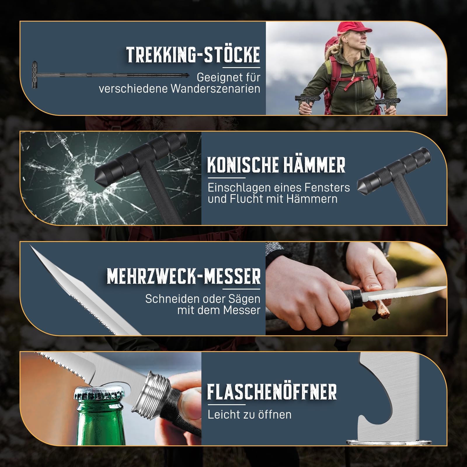 Golden Bird Wanderstöcke 13 in 1 Multifunktionale Wanderstock Trekkingstöcke Survival Verstellbare Aluminium Walking Stöcke mit Messer im Griff für Outdoor Camping Wandern Schwarz Geschenke für Männer