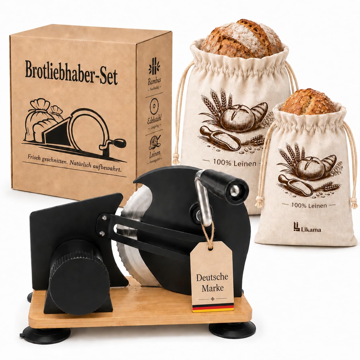 Likama Brotschneidemaschine manuell Edelstahl mit Kurbel, Set mit 2 Brotbeutel aus Leinen, bread slicer ohne Strom, Brotmaschine, Allesschneider, Schneidemaschine (Schwarz)