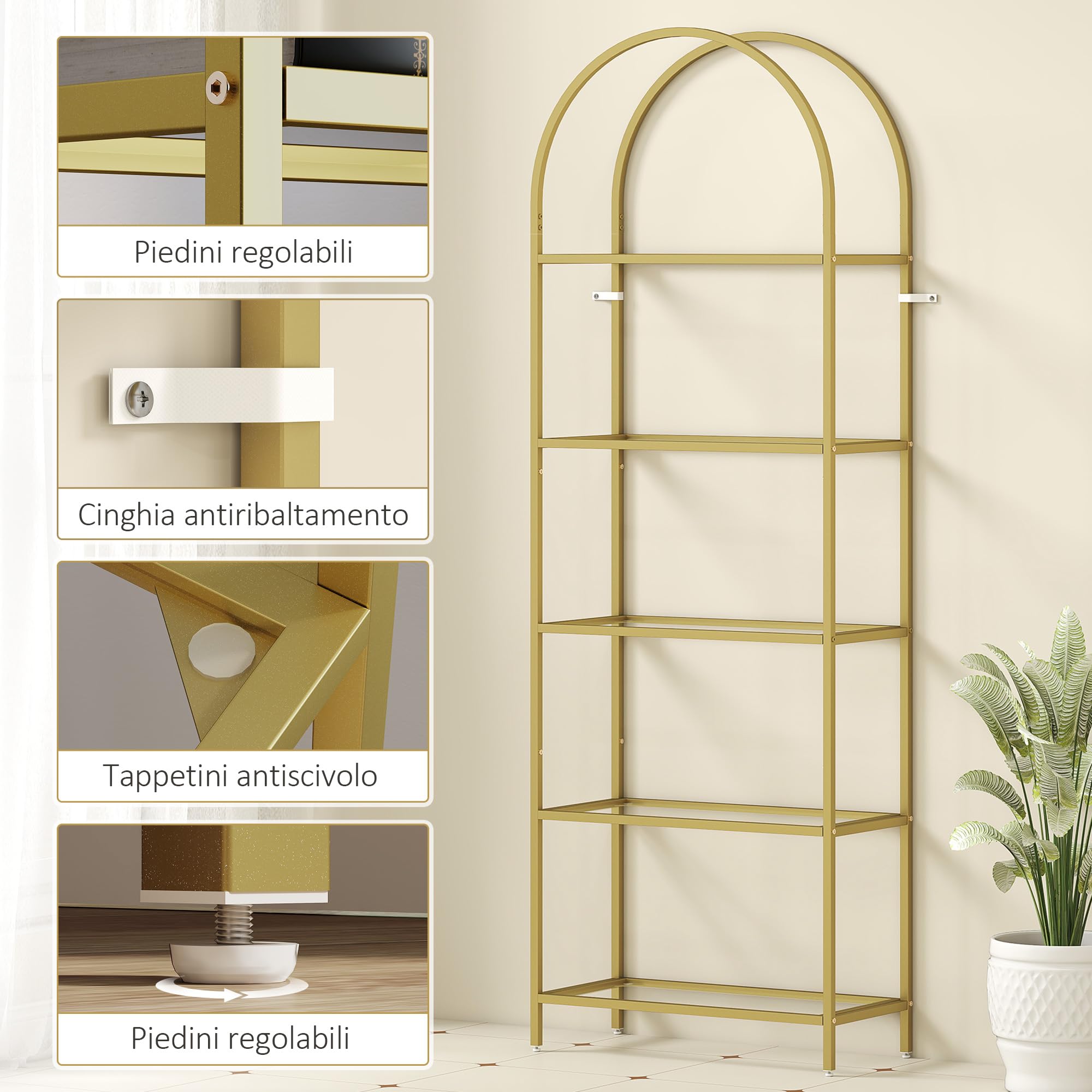 HOMCOM Libreria Scaffale ad Arco a 5 Ripiani, Scaffale Portaoggetti Moderno in Vetro Temperato con Struttura in Acciaio, per Bagno, Soggiorno, Camera da Letto, Studio e Ufficio, 60x30x175 cm, Oro